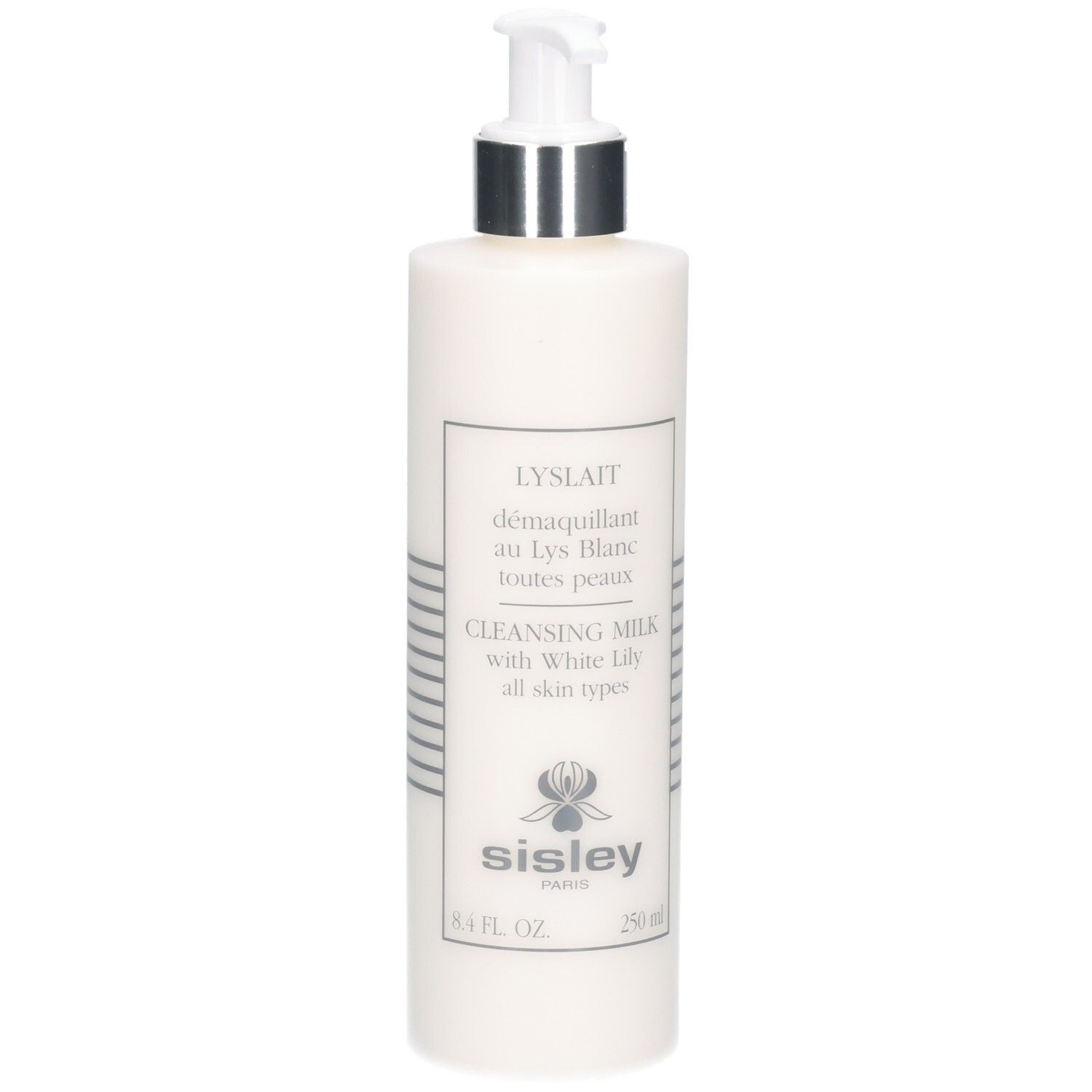 Flacon blanc avec pompe, Lait démaquillant Sisley Lyslait, 250 ml.