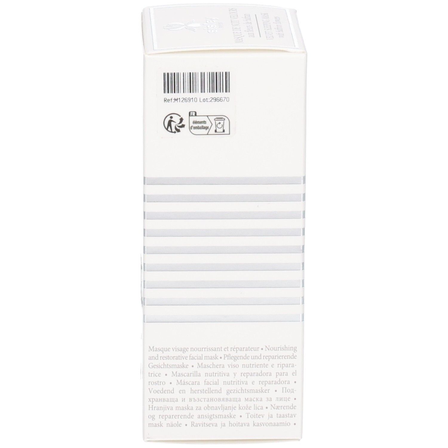 Côté de l'emballage Sisley Masque de Nuit Velours avec code-barres et indications.