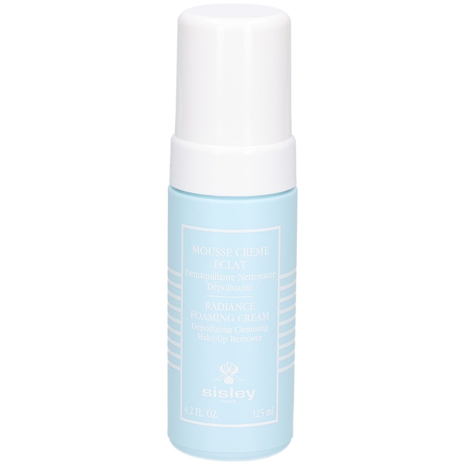 Sisley Mousse Crème Eclat, flacon bleu avec pompe et capuchon blancs. 125 ml.