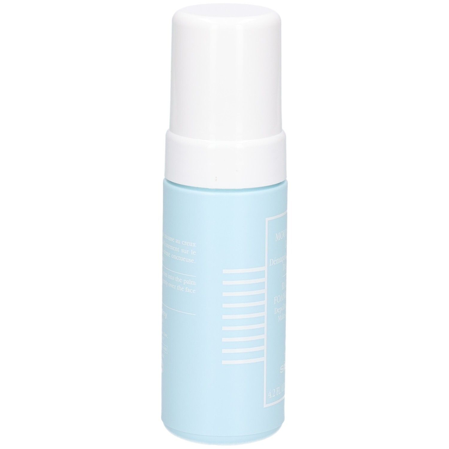 Sisley Mousse Crème Eclat, flacon bleu avec pompe et capuchon blancs, vue de côté. 125 ml.