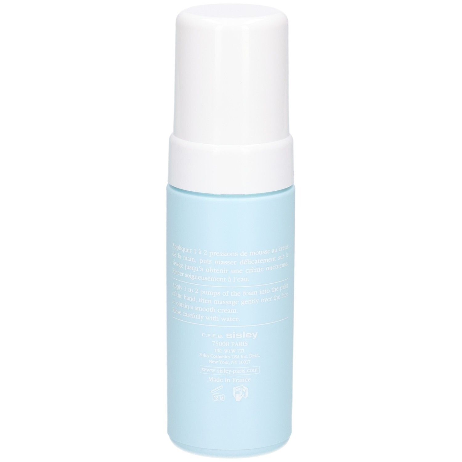 Sisley Mousse Crème Eclat, arrière du flacon bleu avec détails textuels blancs. 125 ml.
