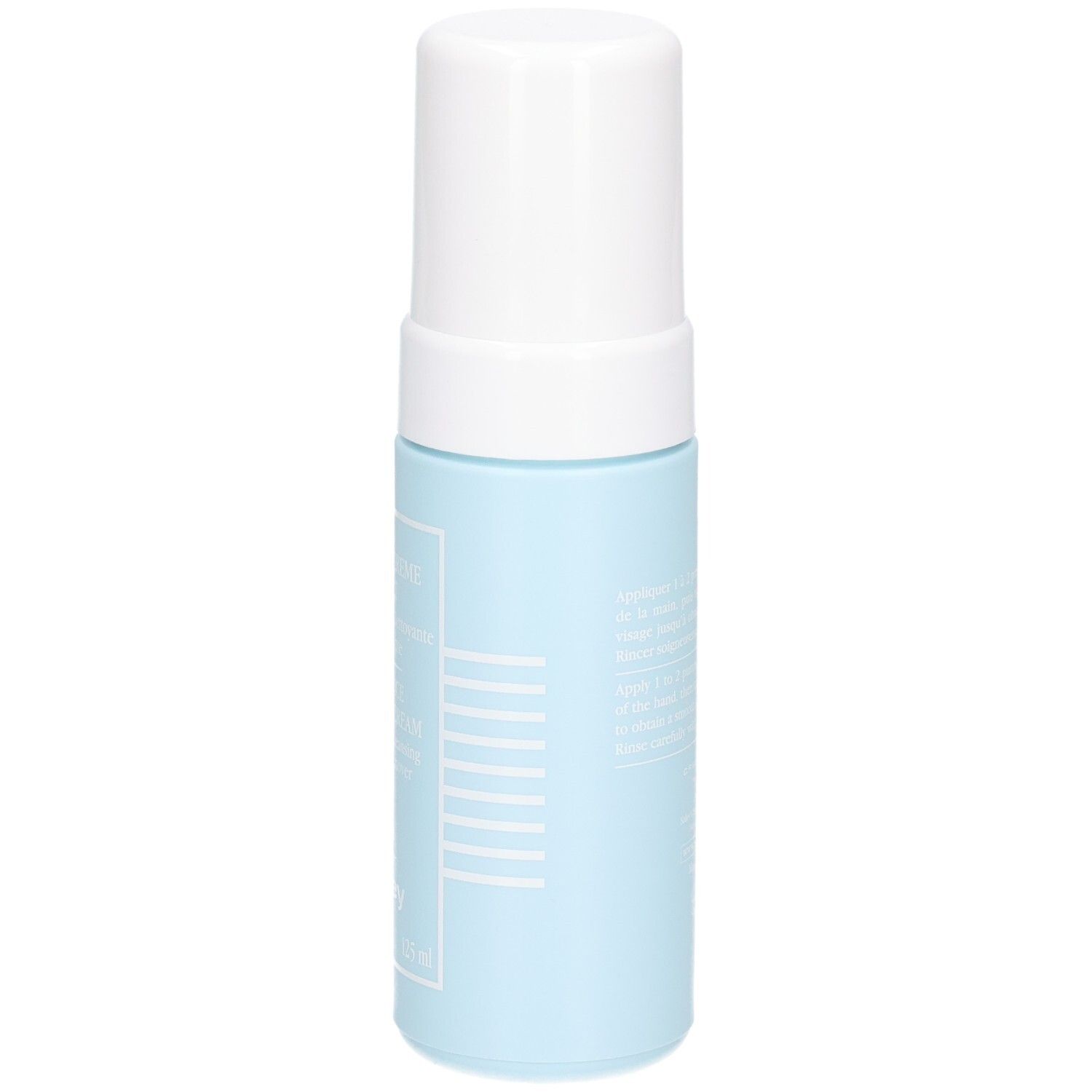 Sisley Mousse Crème Eclat, flacon bleu avec pompe et capuchon blancs, vue de côté. 125 ml.