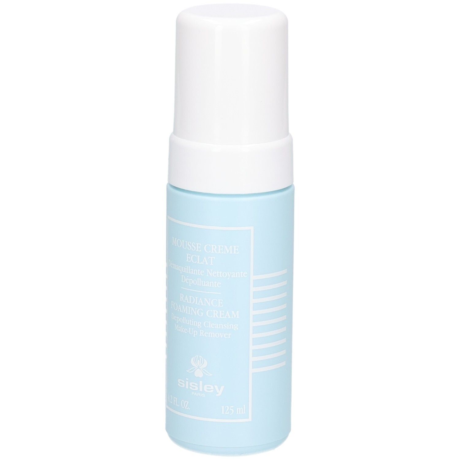 Sisley Mousse Crème Eclat, flacon bleu avec pompe et capuchon blancs. 125 ml.