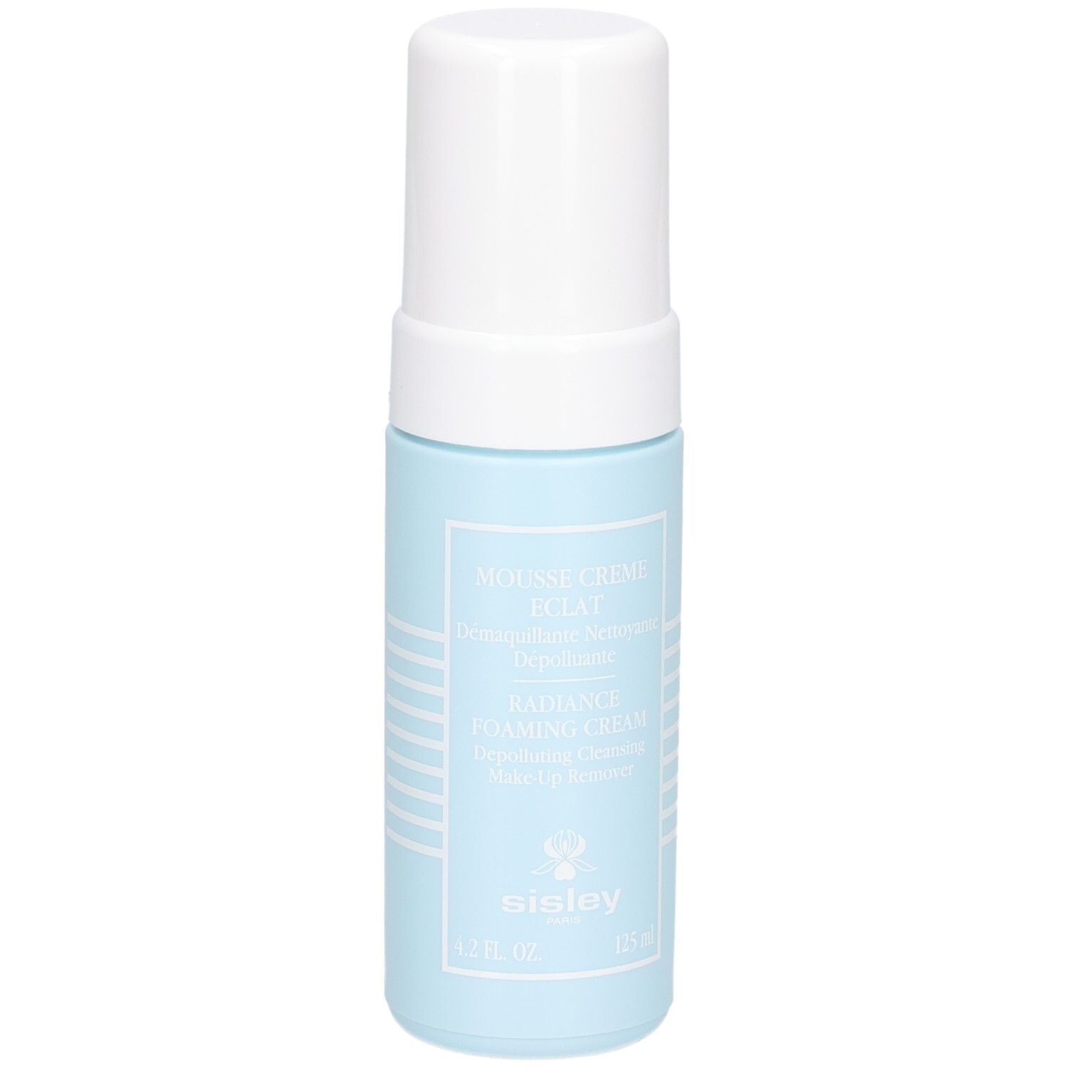 Sisley Mousse Crème Eclat, flacon bleu avec pompe et capuchon blancs. 125 ml.