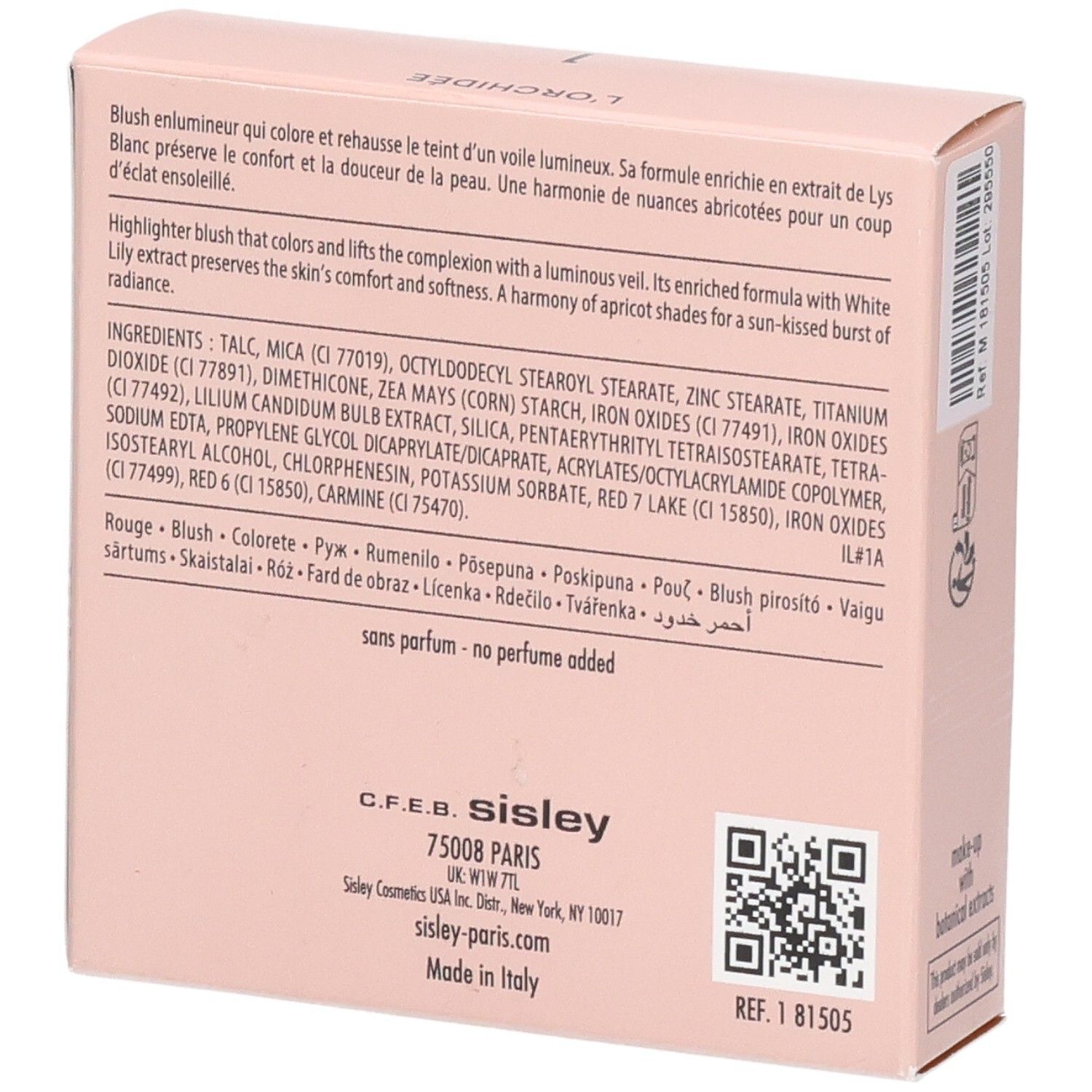 Sisley L'Orchidée Blush Highlighter 1, arrière de l'emballage avec ingrédients et détails.
