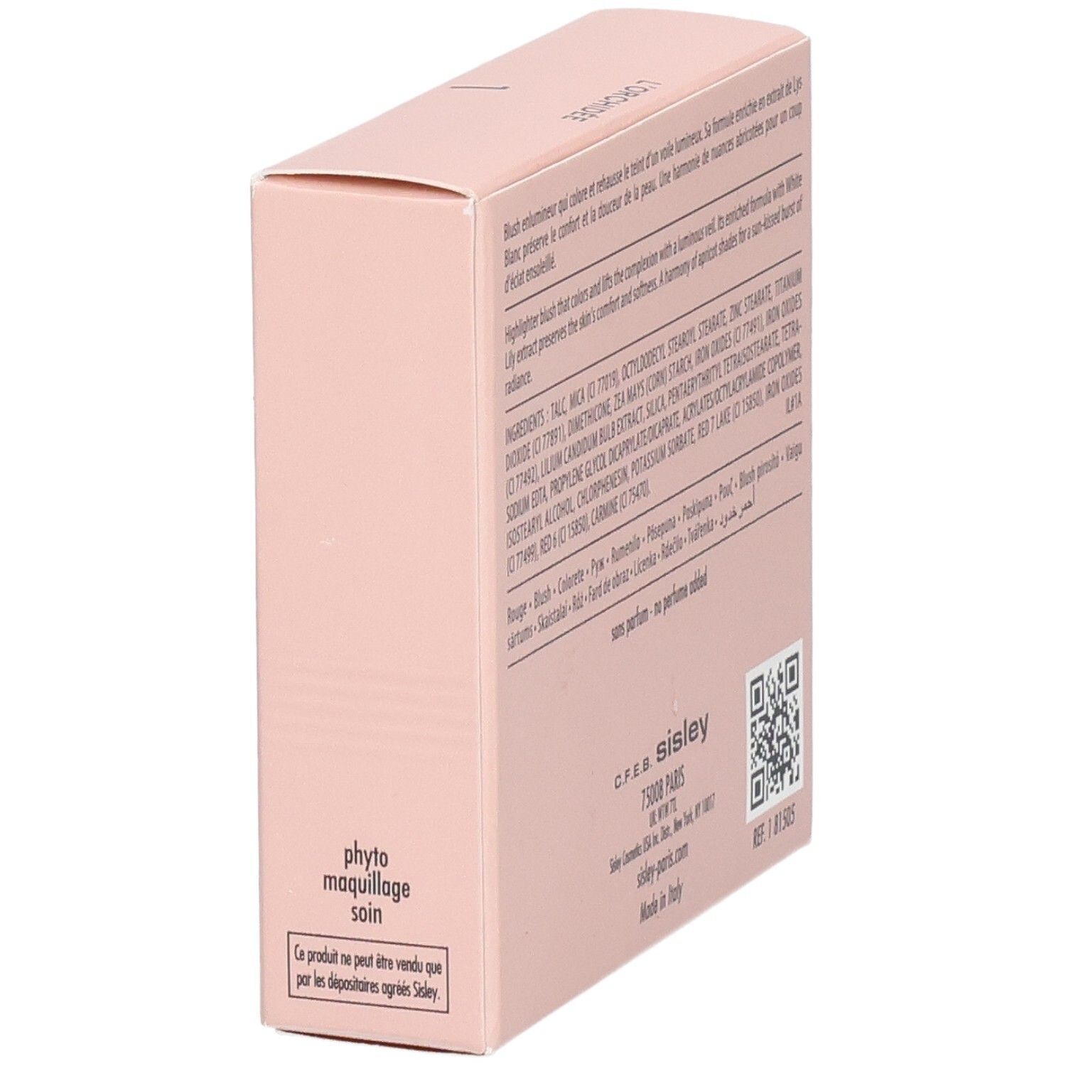 Sisley L'Orchidée Blush Highlighter 1, vue latérale de l'emballage avec informations produit.