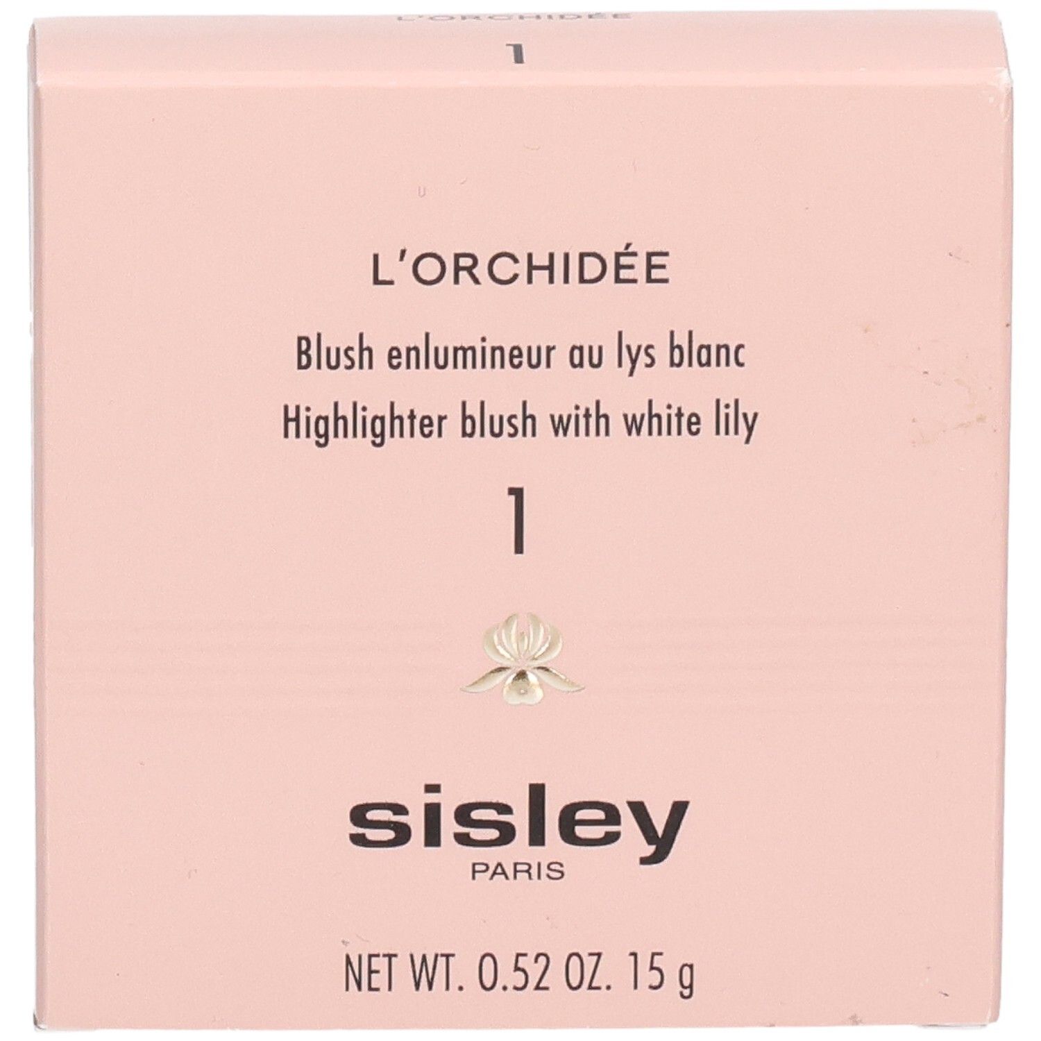 Sisley L'Orchidée Blush Highlighter 1, face avant de l'emballage avec nom du produit et poids.