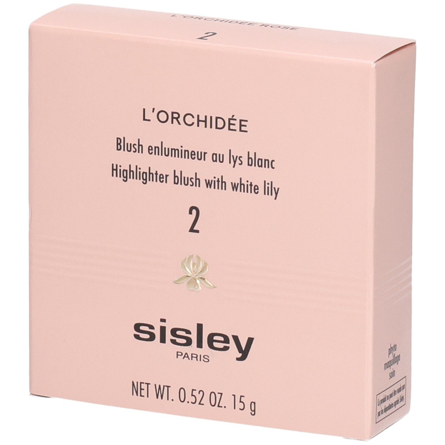 Sisley L'Orchidée Rose Blush, N° 2. Boîte rose avec informations produit et logo.