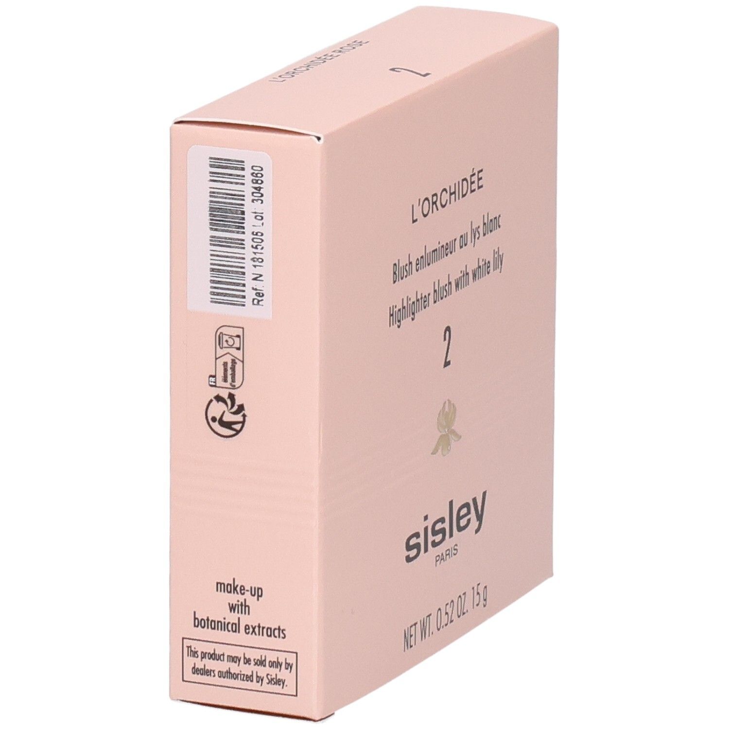 Sisley L'Orchidée Rose Blush, N° 2. Vue latérale de la boîte rose avec code-barres et indications.