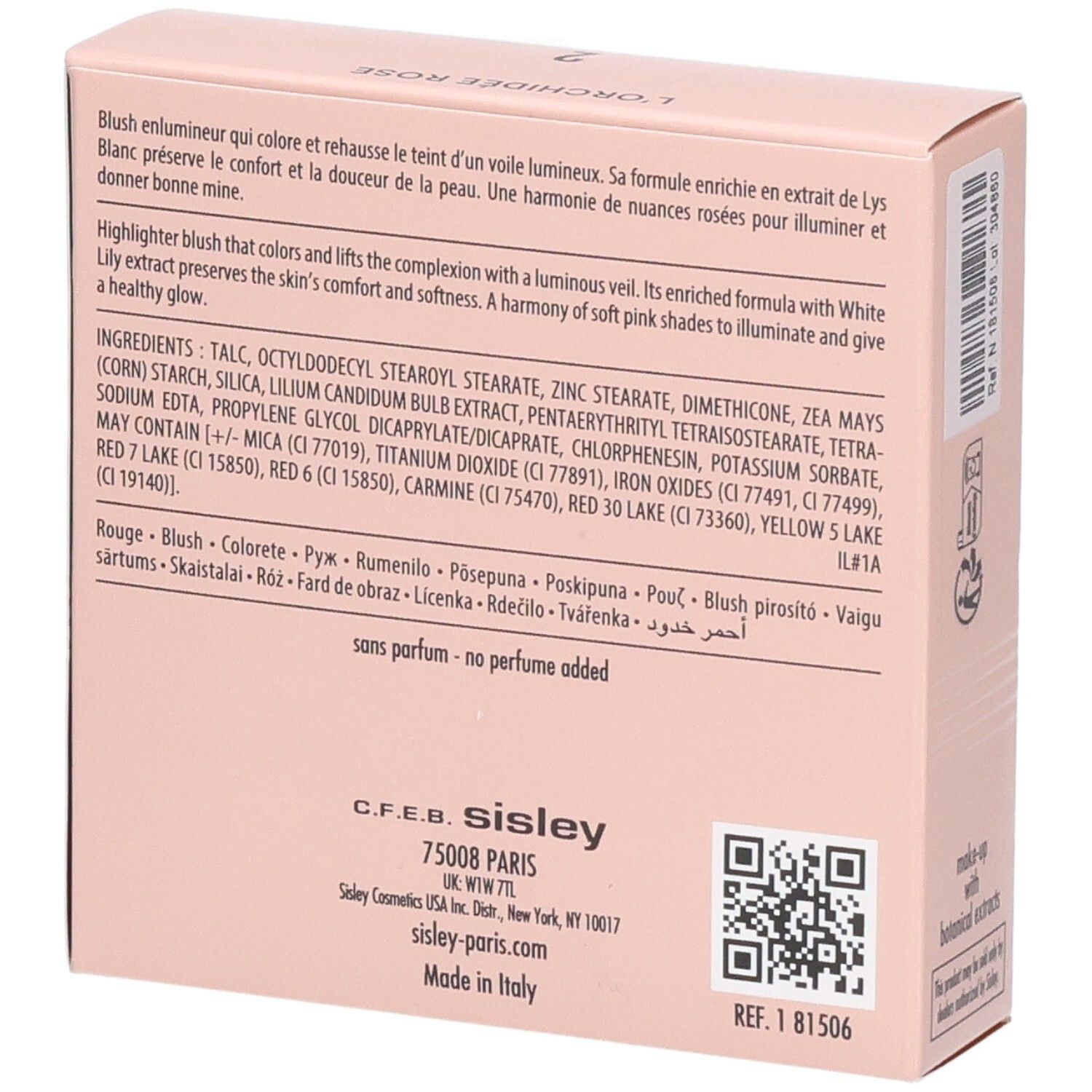 Sisley L'Orchidée Rose Blush, N° 2. Arrière de la boîte rose avec liste des ingrédients et informations fabricant.