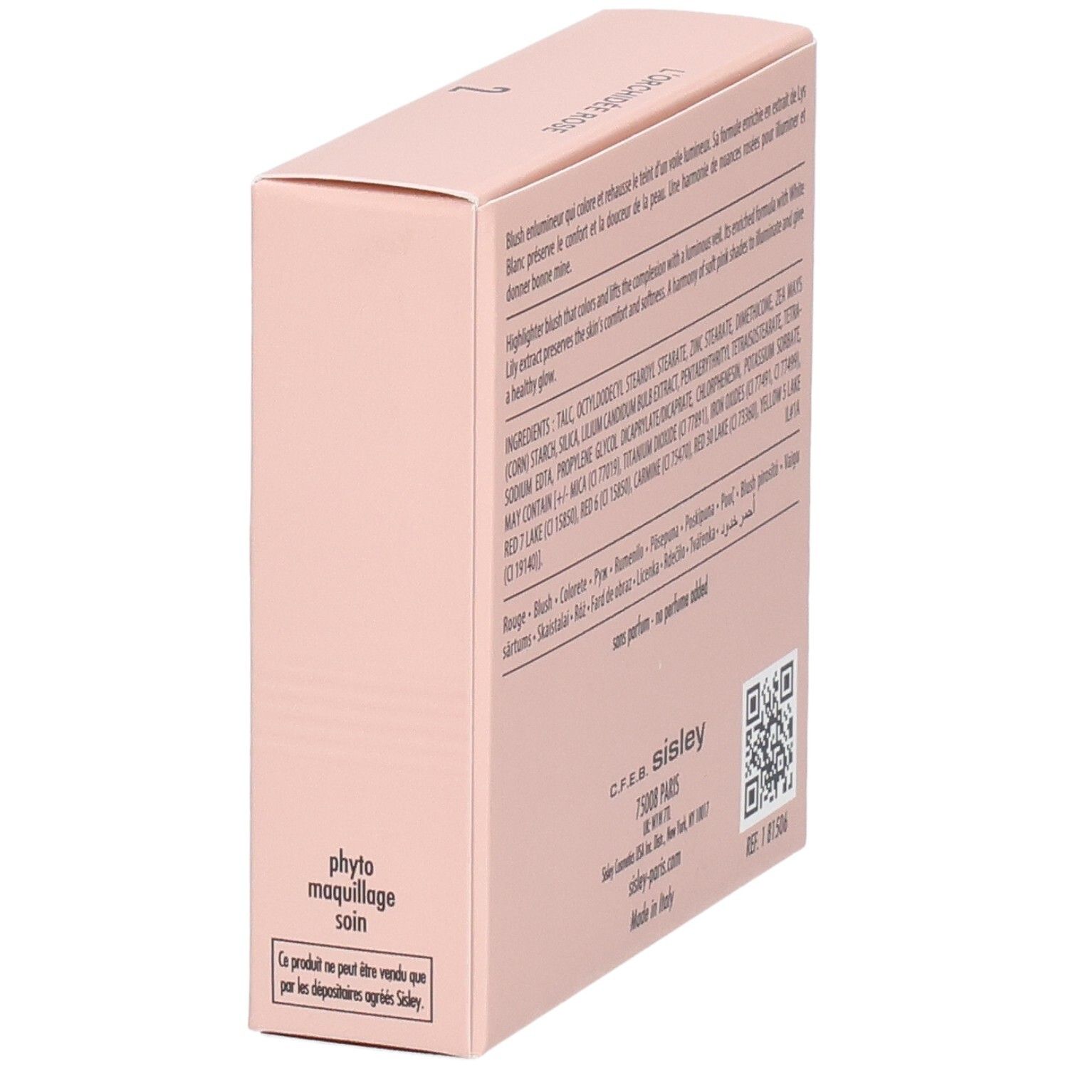 Sisley L'Orchidée Rose Blush, N° 2. Vue latérale de la boîte rose avec indications d'usage et origine.