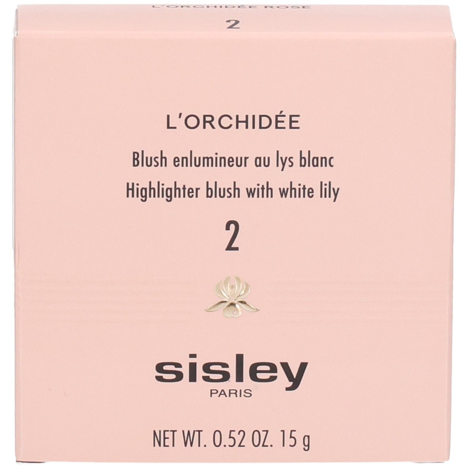 Sisley L'Orchidée Rose Blush, N° 2. Façade de la boîte rose avec nom du produit et logo.