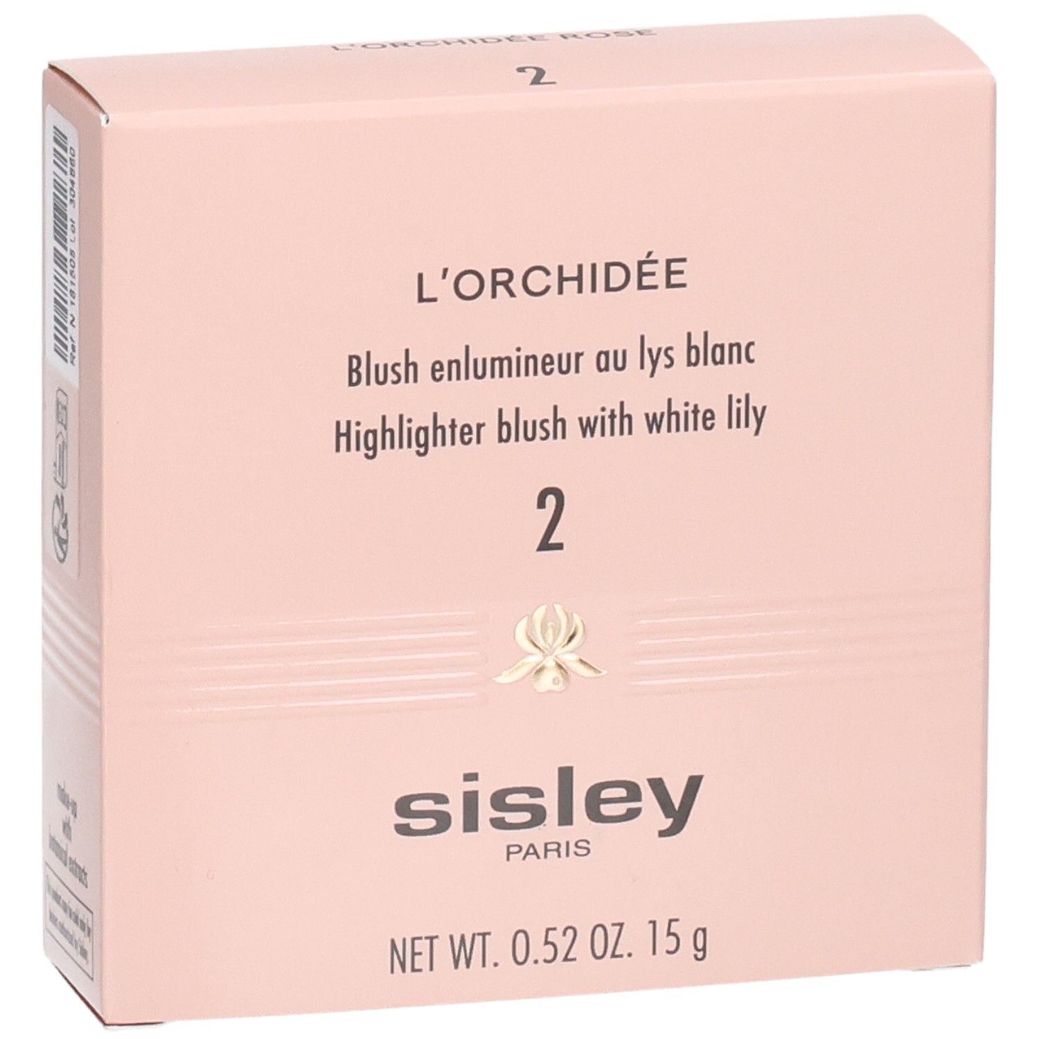 Sisley L'Orchidée Rose Blush, N° 2. Boîte rose avec informations produit, logo et poids.