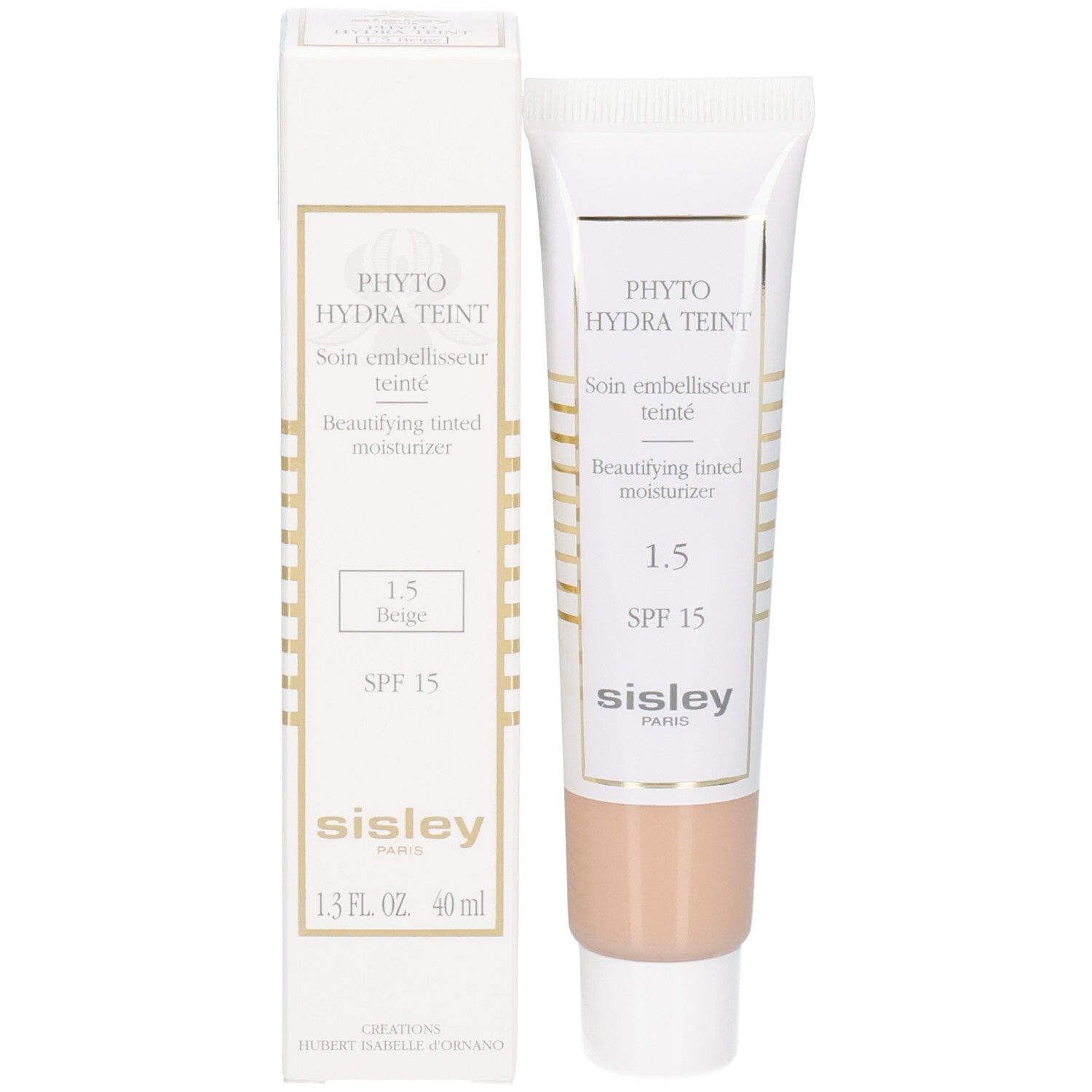 Sisley Phyto-Hydra Teint, teinte 1.5 Beige, hydratant teinté avec SPF 15 et emballage.