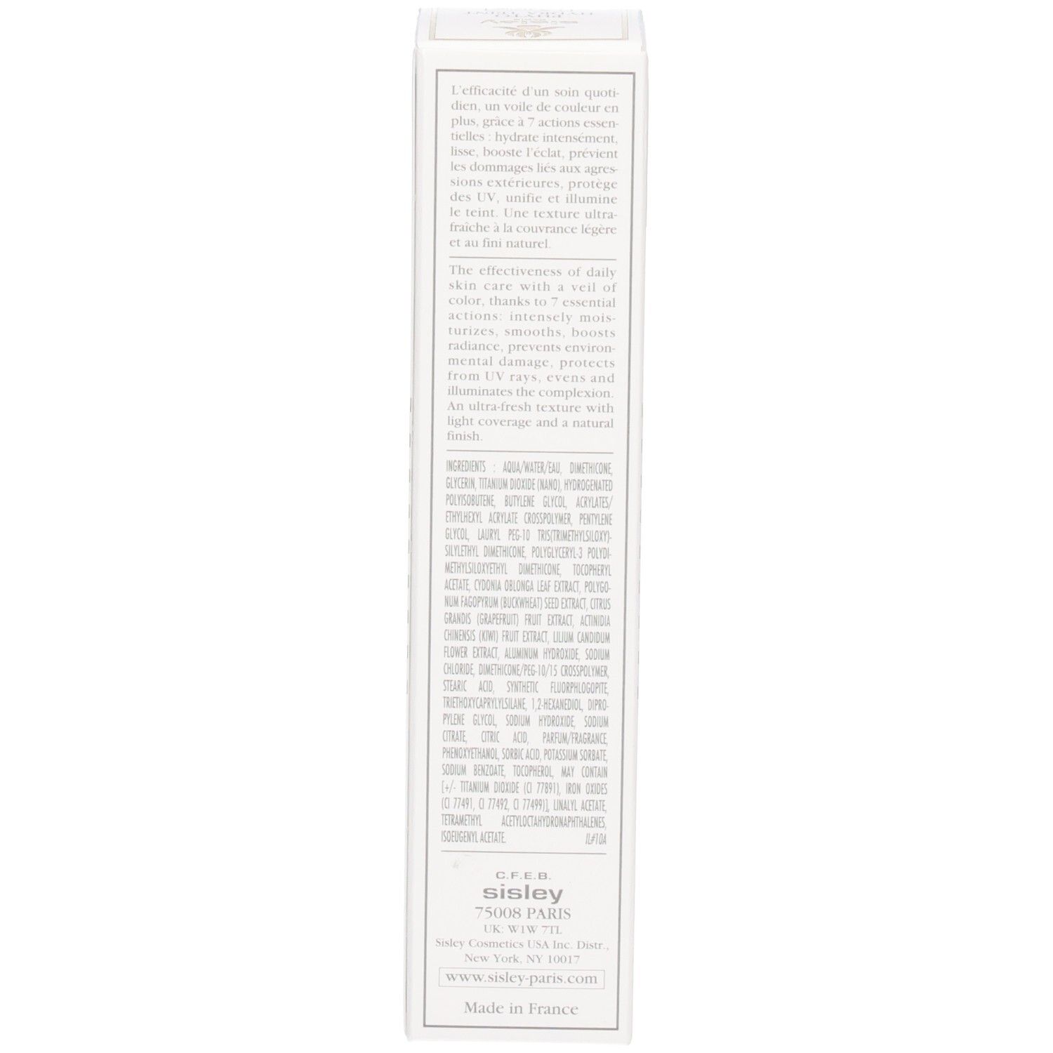 Sisley Phyto-Hydra Teint, vue latérale de l'emballage avec ingrédients et détails fabricant.