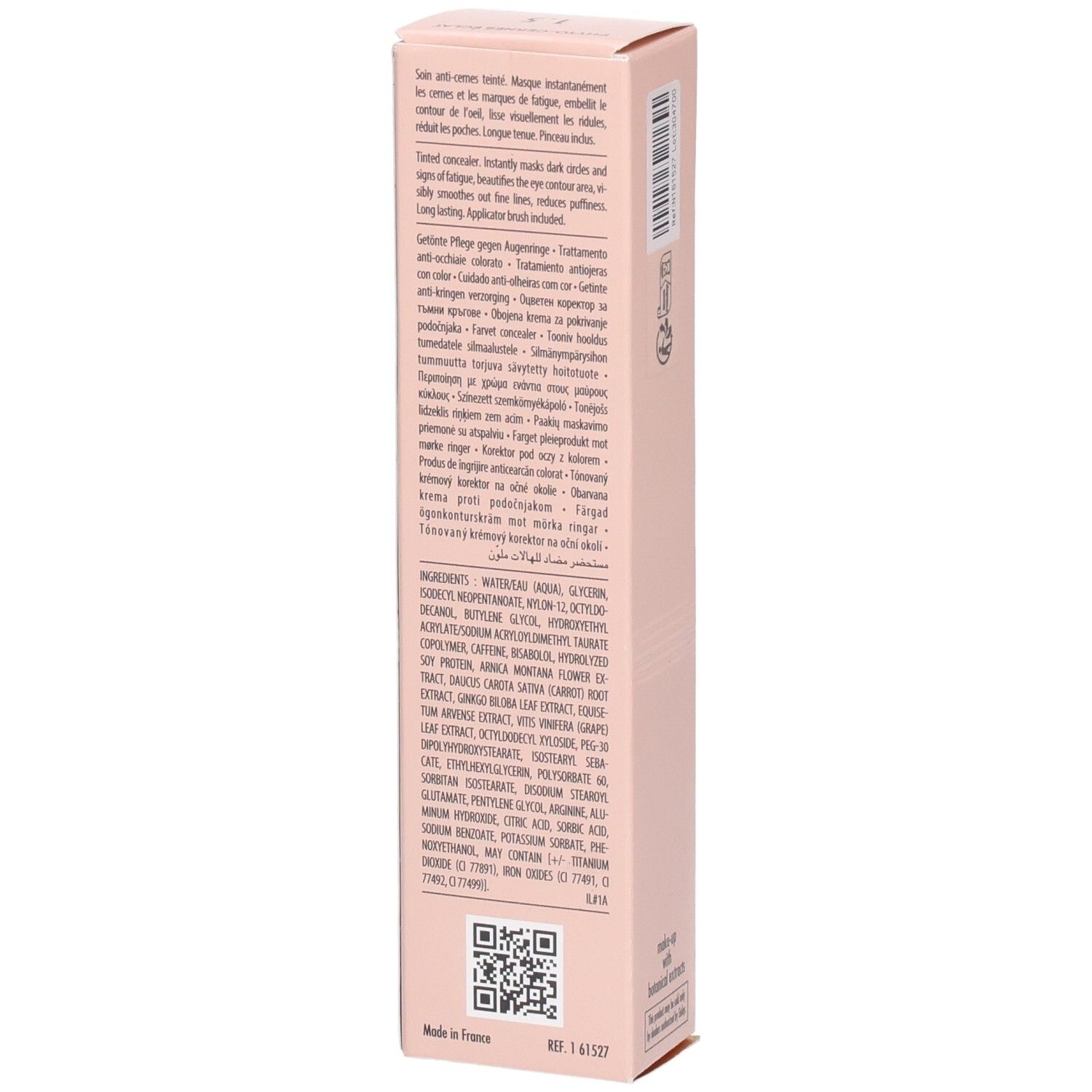 Sisley Phyto-Cernes Éclat, correcteur pour le regard, côté avec instructions d'utilisation et ingrédients.