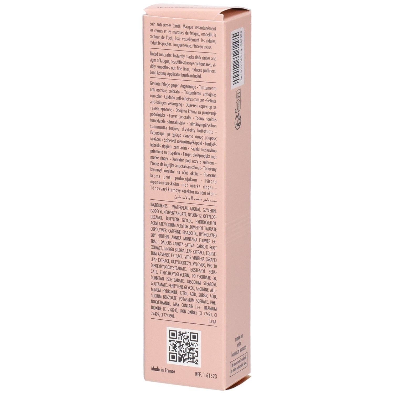 Sisley Phyto-Cernes Éclat anti-cernes, teinte 3, vue latérale de l'emballage avec ingrédients.