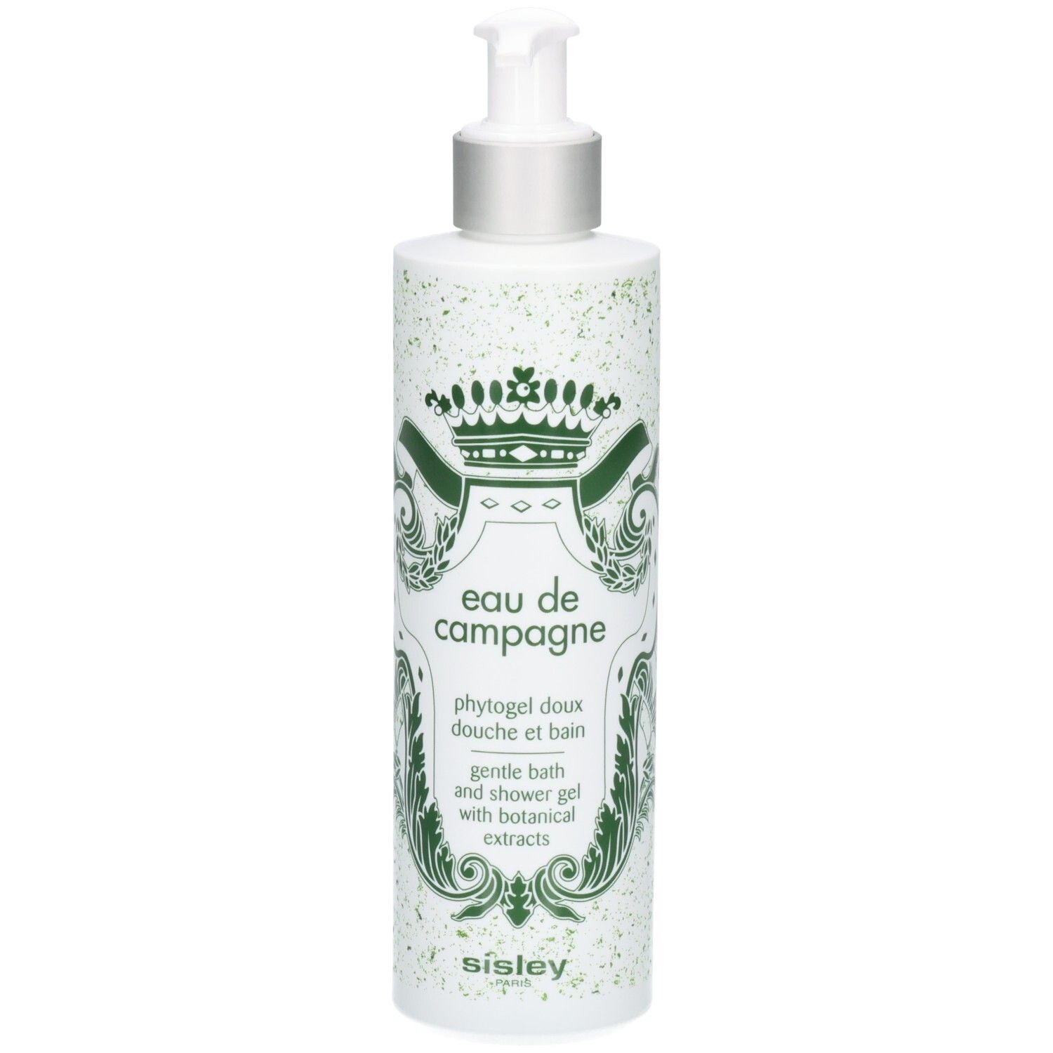 Sisley Eau de Campagne gel douche avec pompe. Flacon blanc orné de motifs verts et d'armoiries royales.