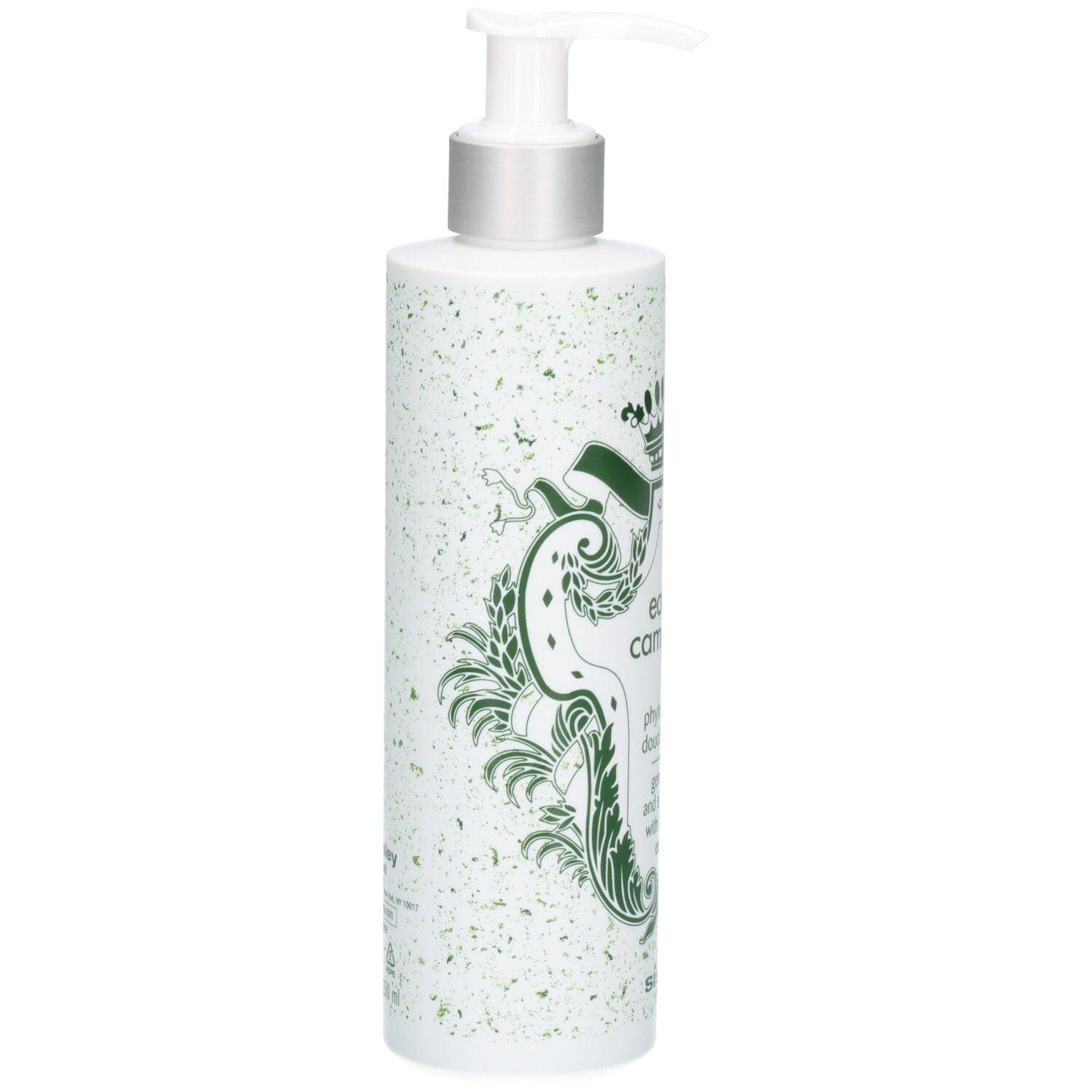 Sisley Eau de Campagne gel douche, vue de côté. Flacon blanc orné de motifs verts et d'armoiries royales.