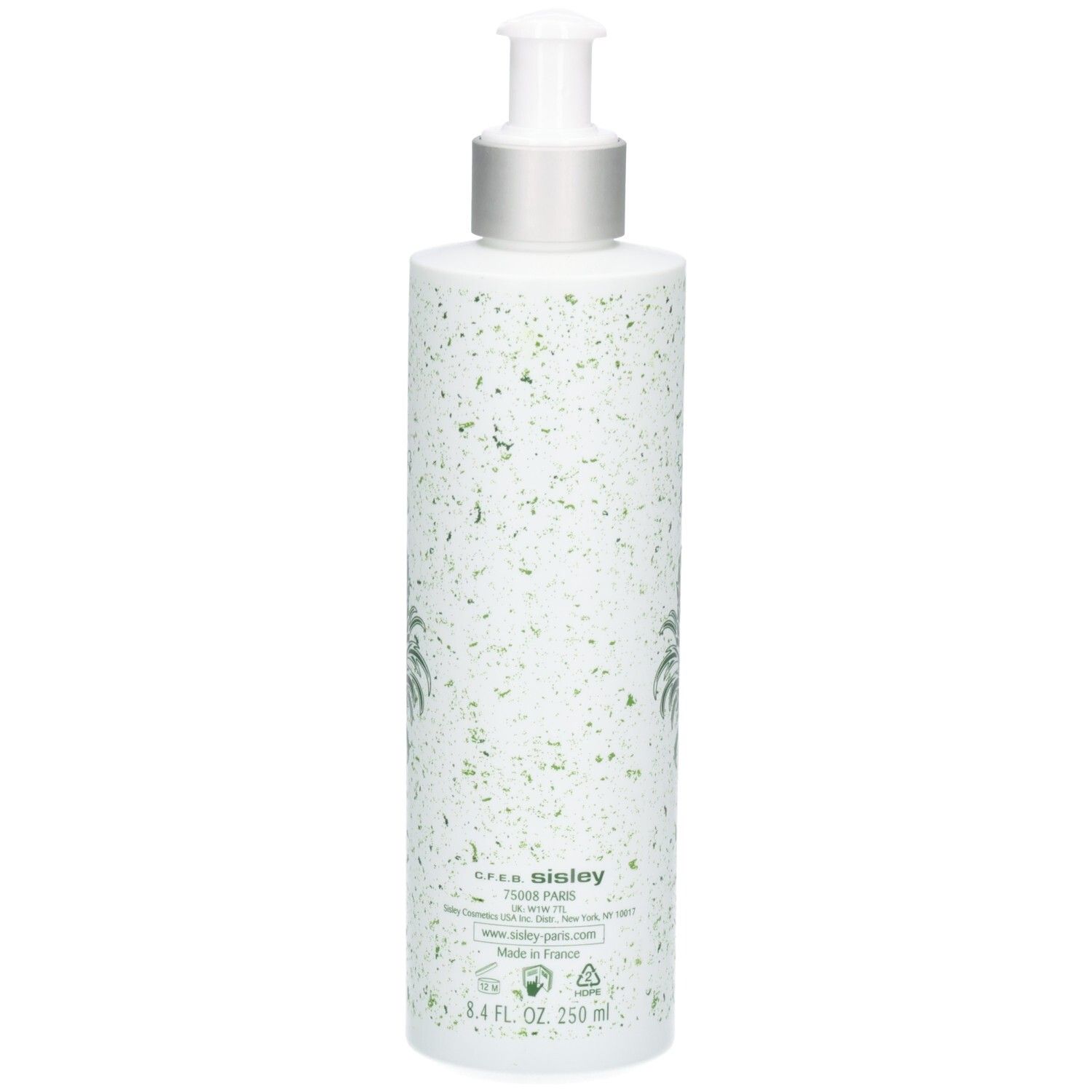 Sisley Eau de Campagne gel douche, dos. Flacon blanc orné de motifs verts, d'armoiries royales et indication 250ml.