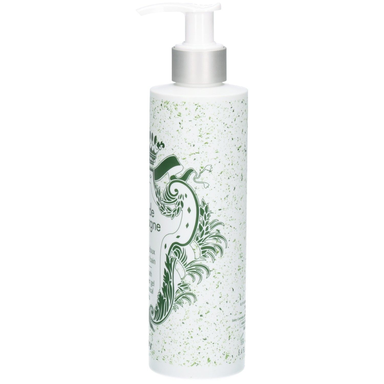 Sisley Eau de Campagne gel douche, vue de côté. Flacon blanc orné de motifs verts et d'armoiries royales.