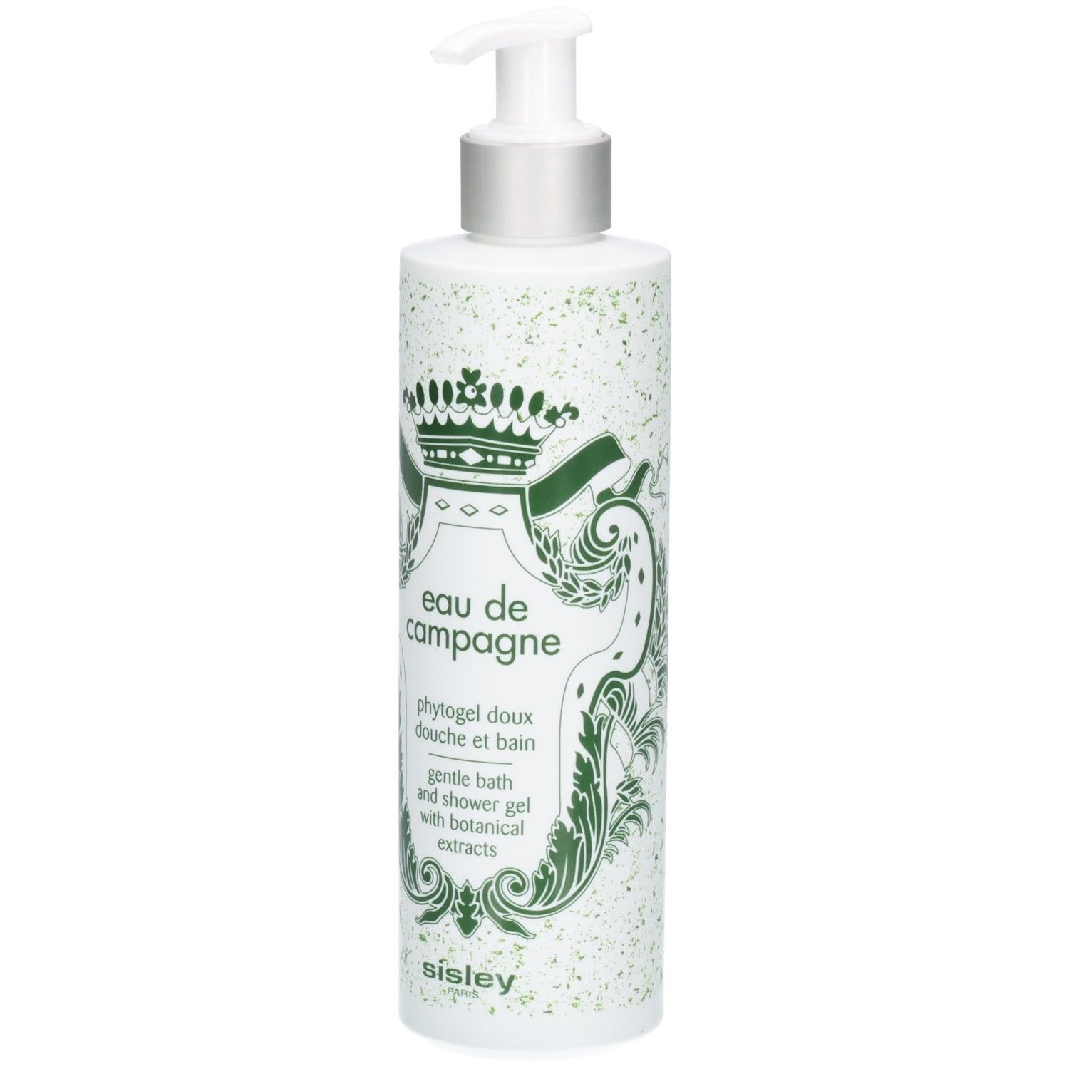 Sisley Eau de Campagne gel douche avec pompe. Flacon blanc orné de motifs verts et d'armoiries royales.