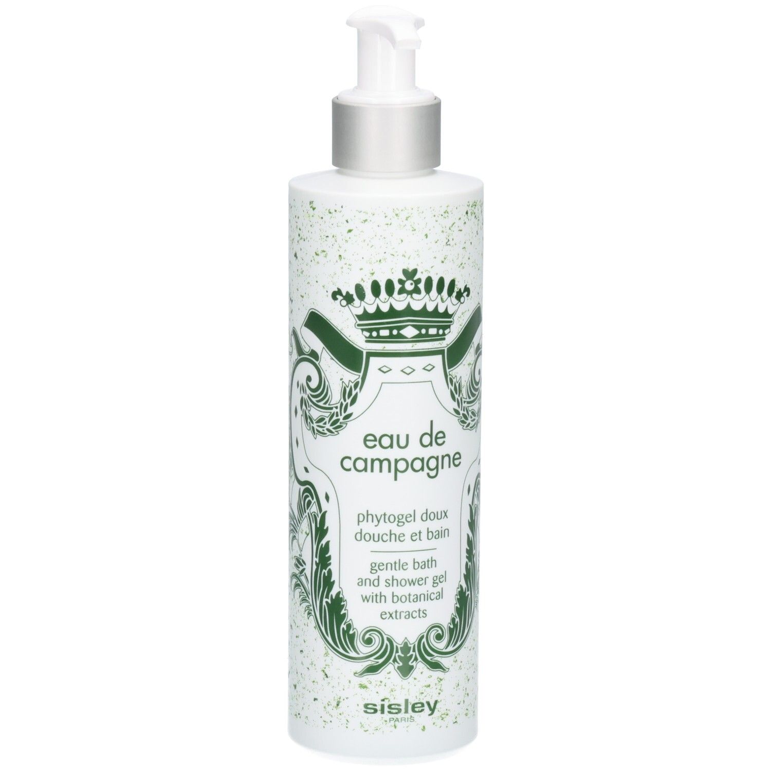 Sisley Eau de Campagne gel douche avec pompe. Flacon blanc orné de motifs verts et d'armoiries royales.