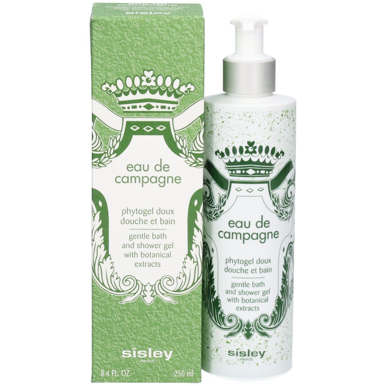 Sisley Eau de Campagne gel douche et emballage. Flacon blanc et boîte verte avec armoiries royales.