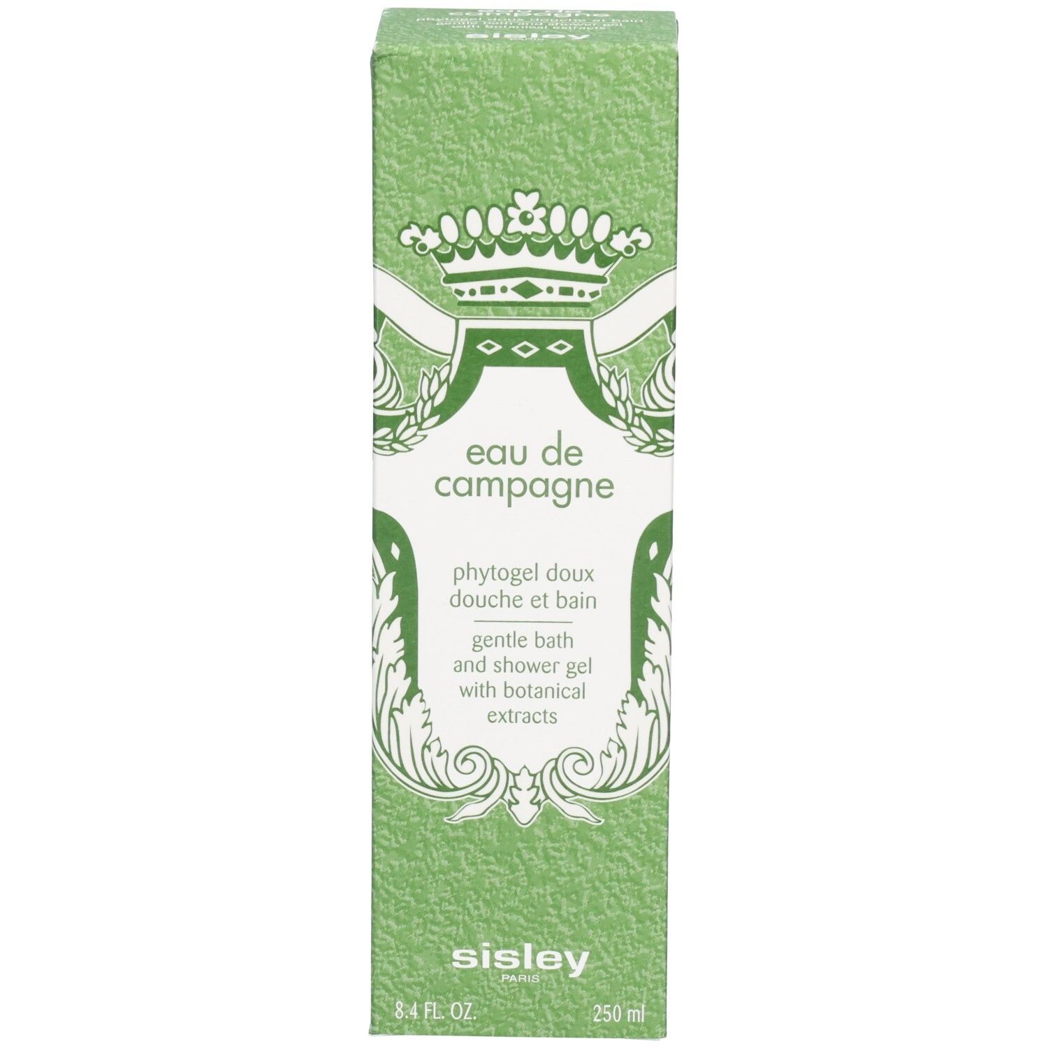 Sisley Eau de Campagne gel douche emballage. Boîte verte avec armoiries royales et indication 250ml.