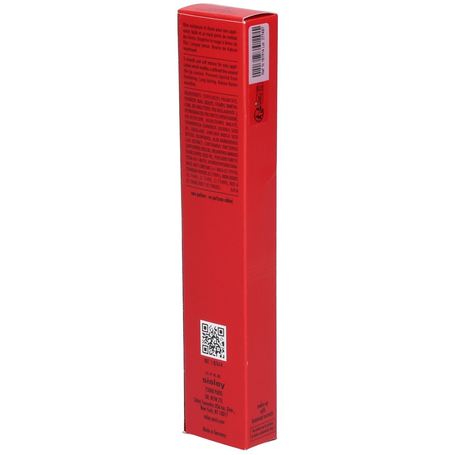 Sisley Phyto-Lèvres Perfect Lipliner, emballage rouge avec instructions d'utilisation détaillées et code QR.