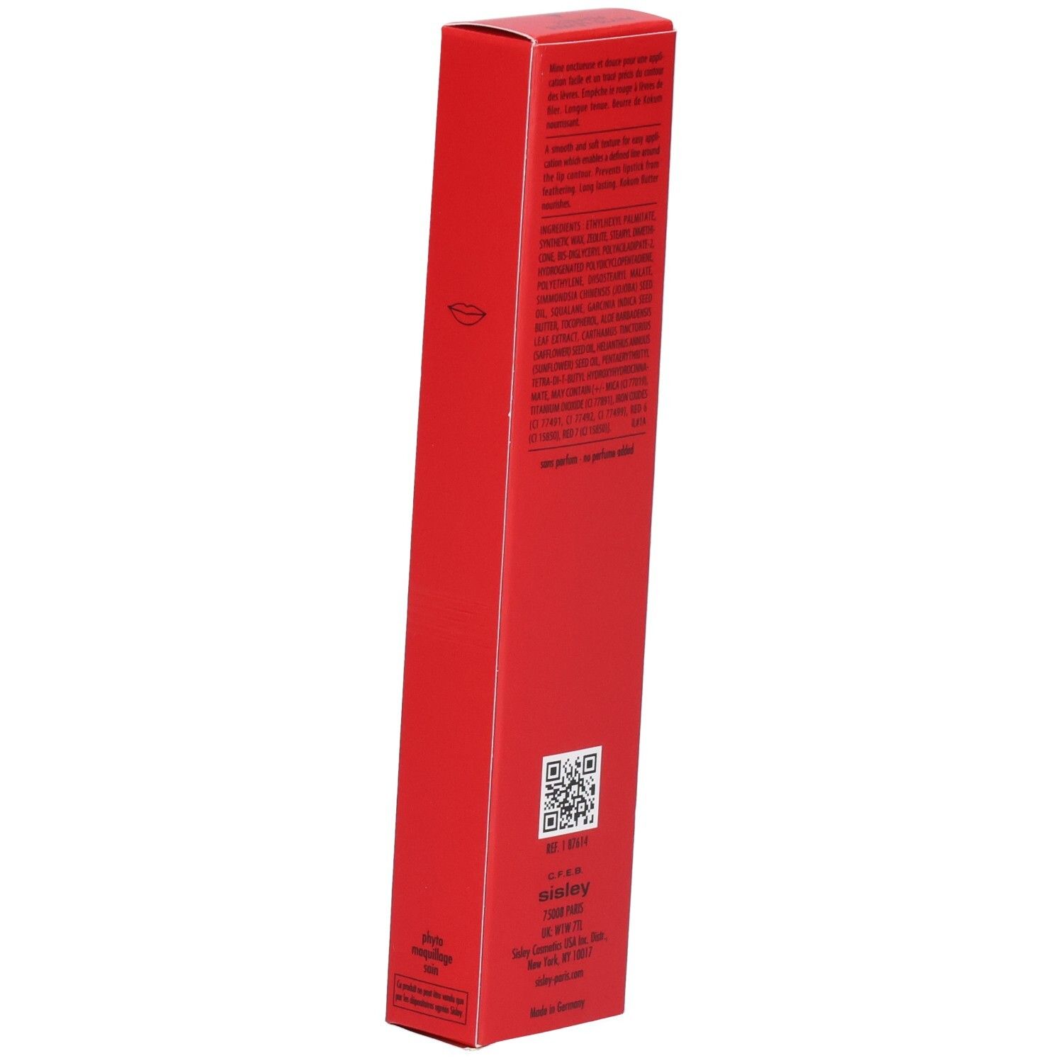 Sisley Phyto-Lèvres Perfect Lipliner, emballage rouge avec instructions, code QR et logo Sisley.