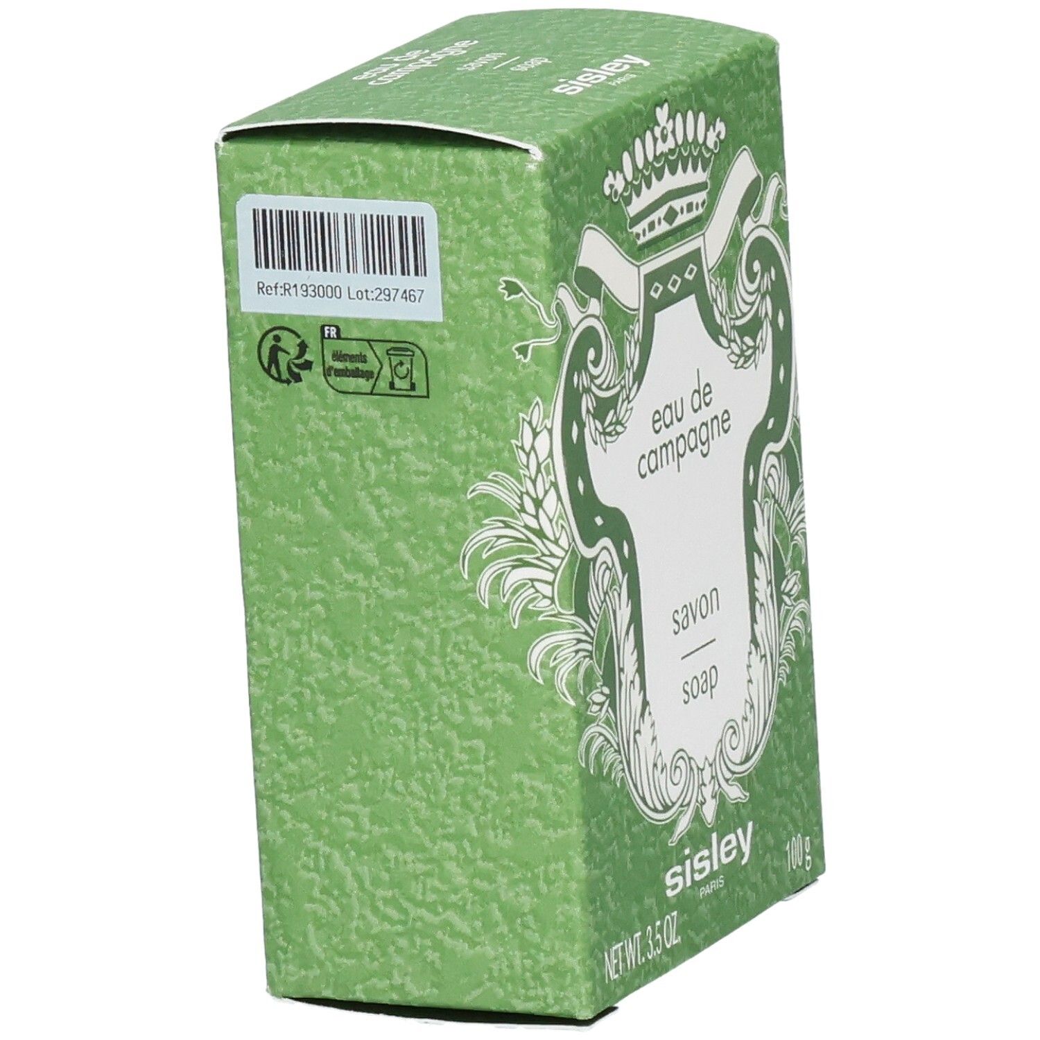 Boîte de Savon Parfumé Sisley Eau de Campagne, arrière avec code-barres et informations.