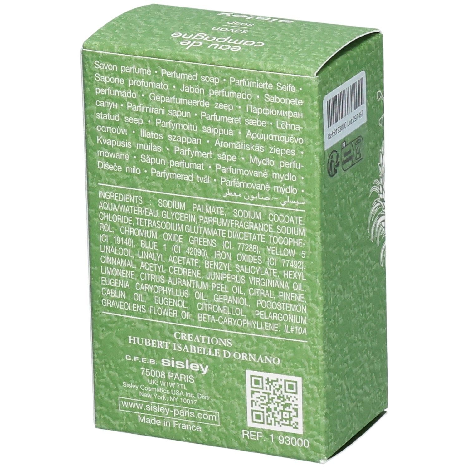 Boîte de Savon Parfumé Sisley Eau de Campagne, côté avec ingrédients et QR code.