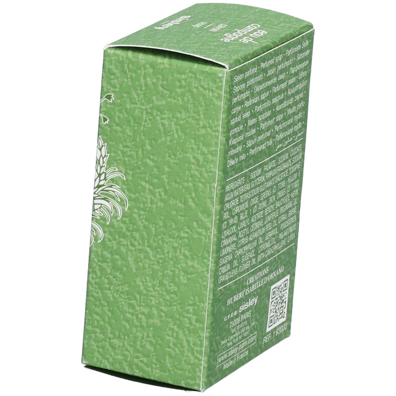 Boîte de Savon Parfumé Sisley Eau de Campagne, côté avec ingrédients et QR code.