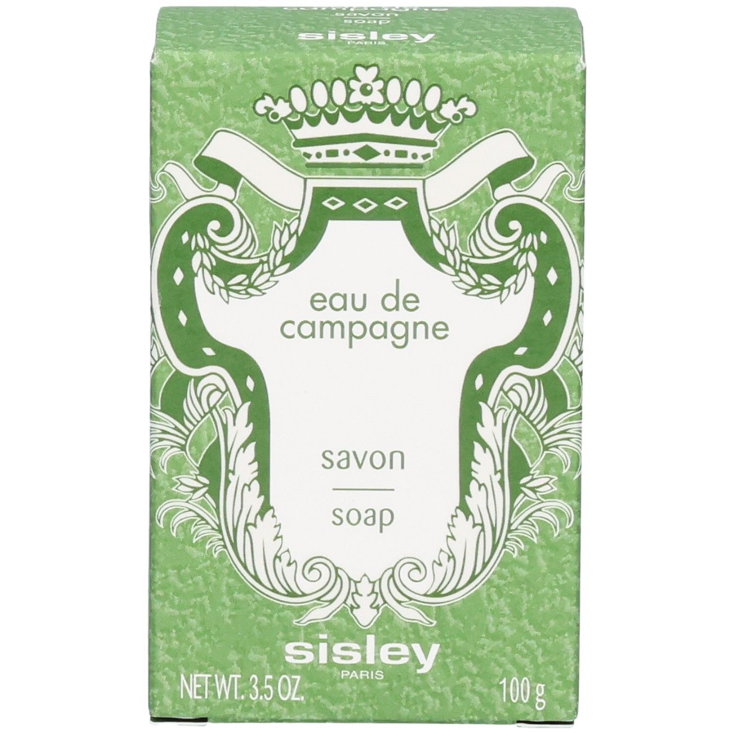 Boîte de Savon Parfumé Sisley Eau de Campagne, face avant avec logo et nom du produit.