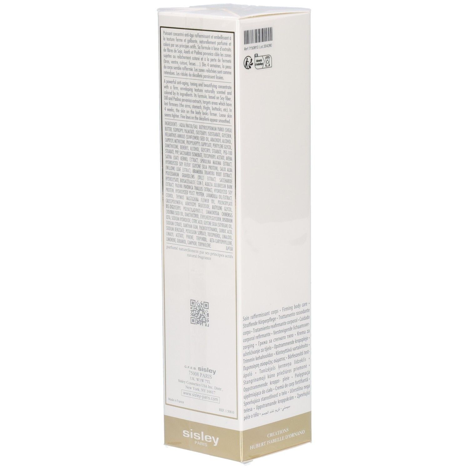 Emballage crème corps Sisley Sisleya L'Intégral Anti-Âge avec informations détaillées et code QR.