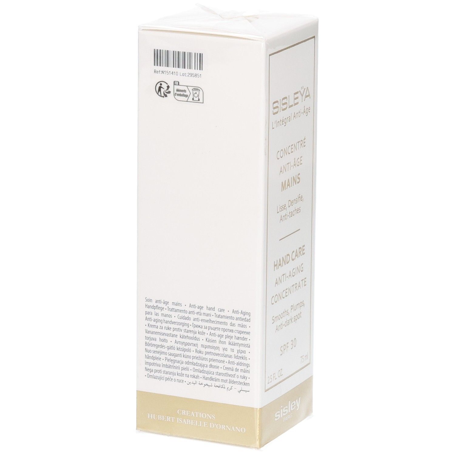 Sisley Sisleya L'Intégral Anti-Âge Concentré Anti-Âge Mains, SPF 30, dos avec code-barres et certifications.
