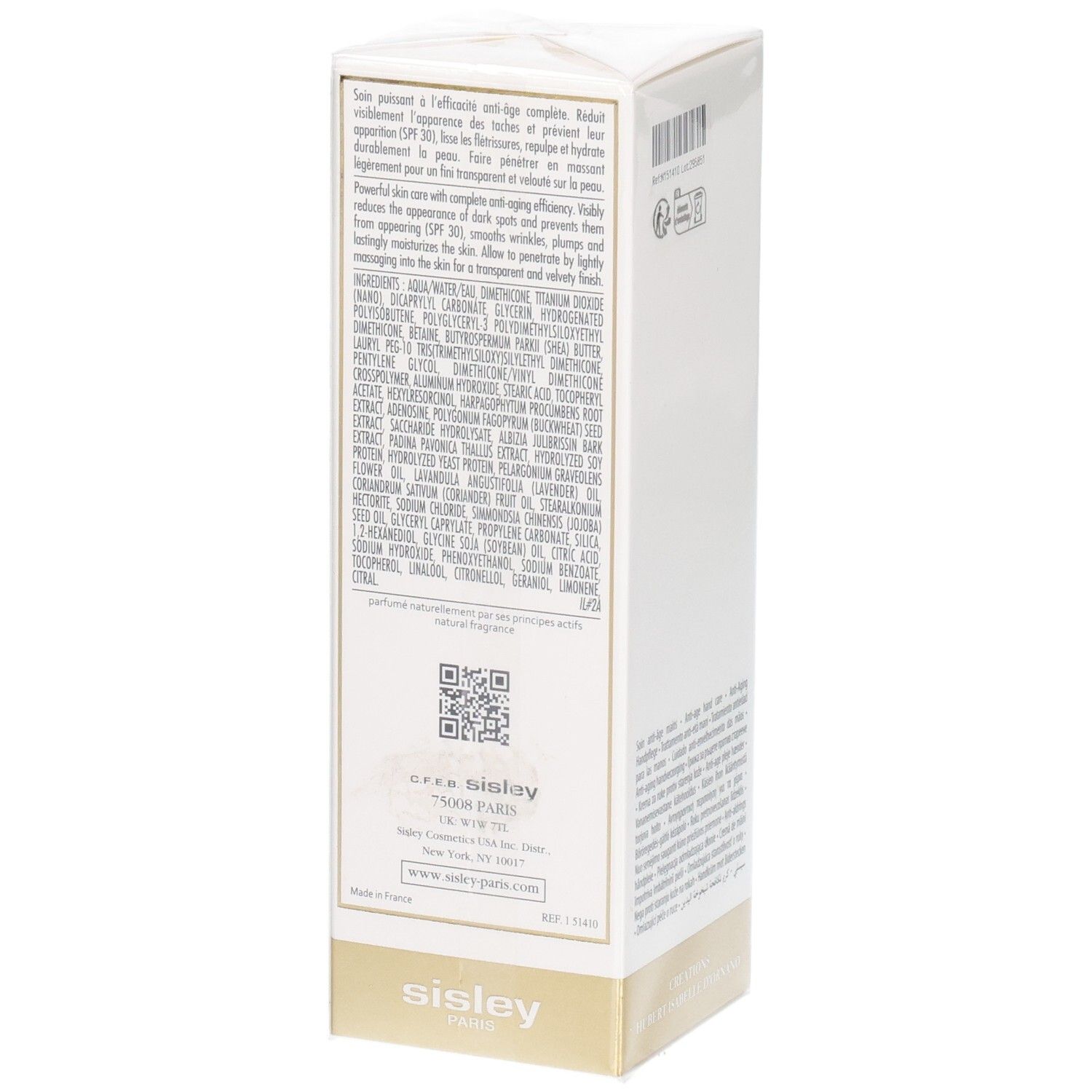 Sisley Sisleya L'Intégral Anti-Âge Concentré Anti-Âge Mains, SPF 30, côté avec ingrédients et QR code.
