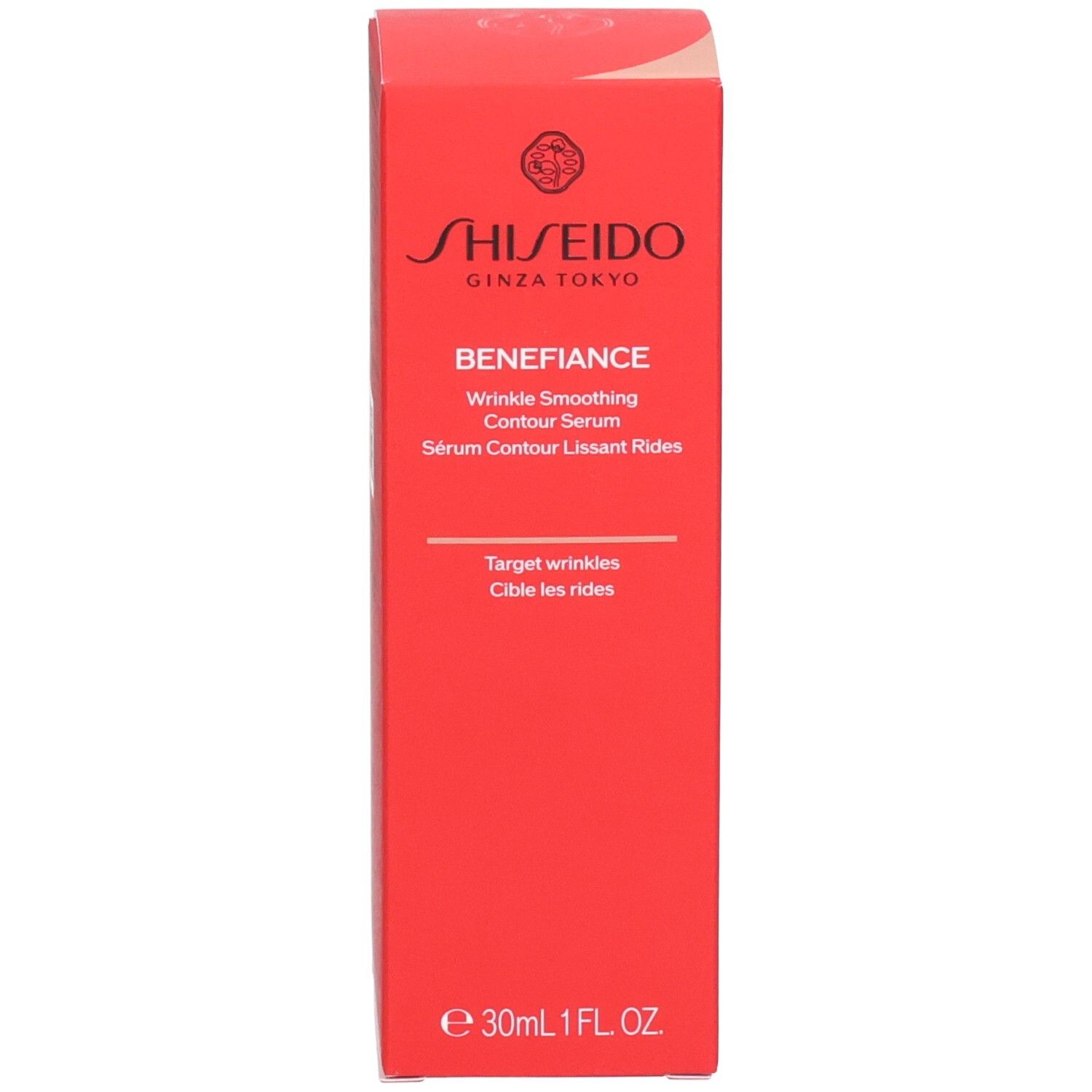 Emballage rouge du sérum contour lissant rides Shiseido Benefiance avec informations produit.