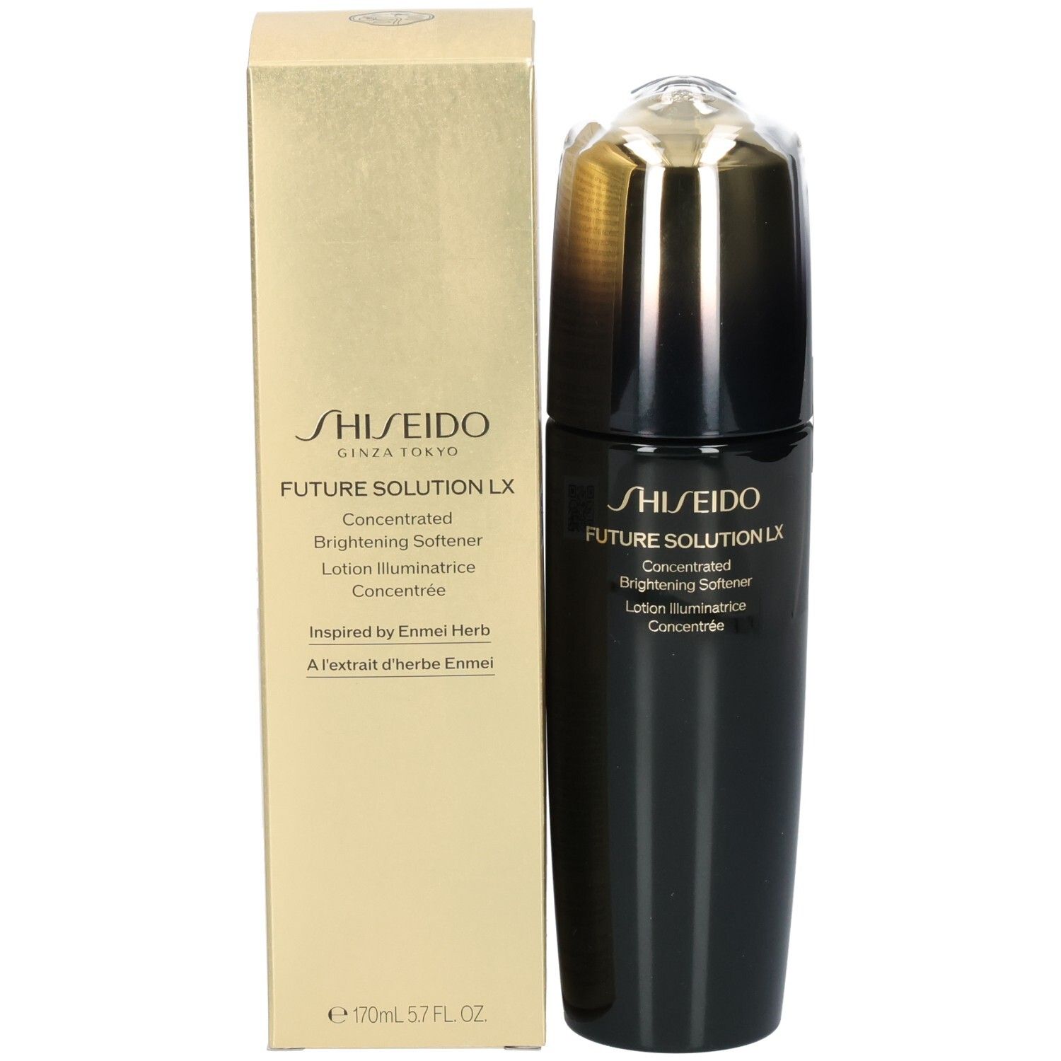 Flacon Shiseido Future Solution LX Brightening Softener et emballage doré.