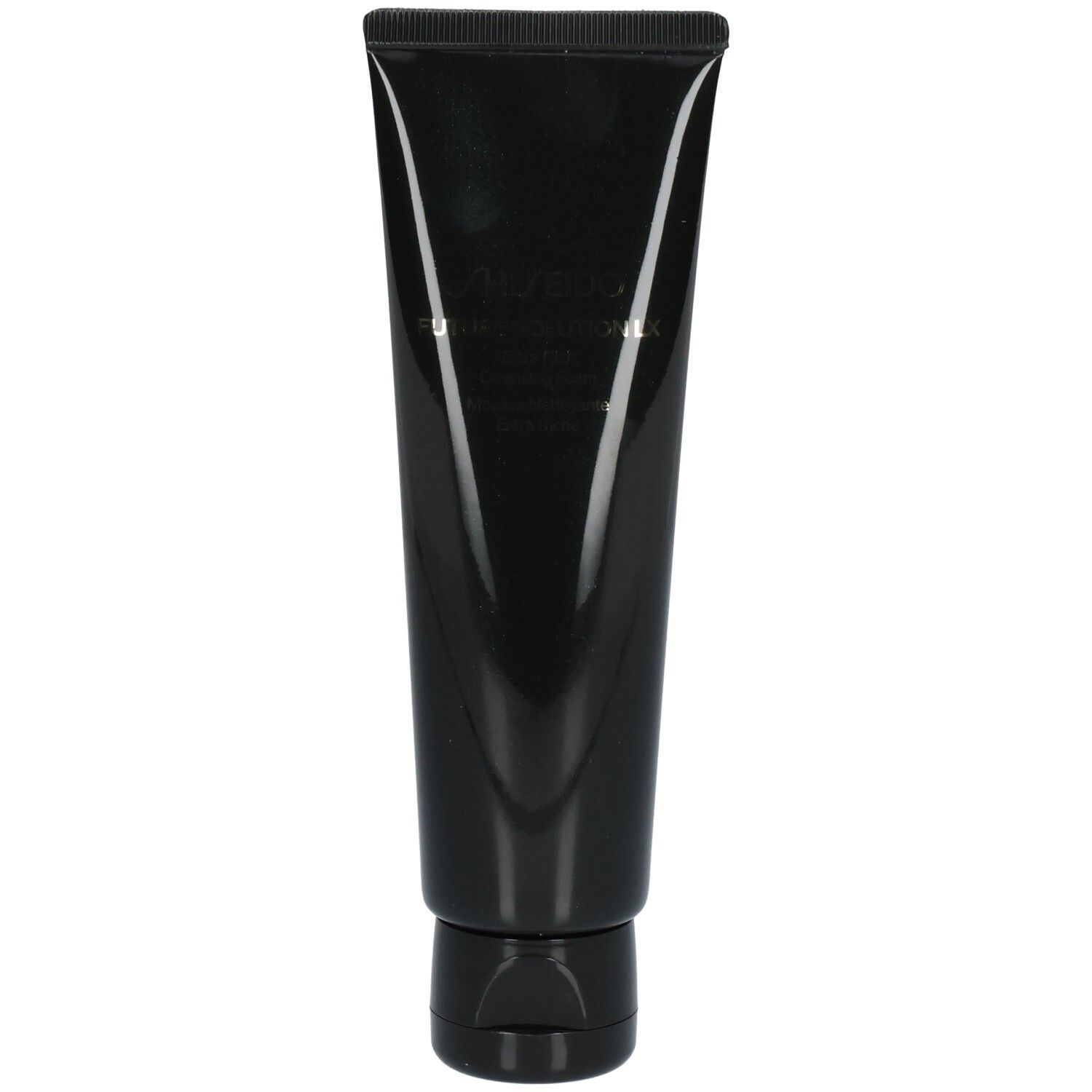 Tube noir avec bouchon rabattable noir. Contient Shiseido Future Solution LX Mousse Nettoyante Extra Riche S.
