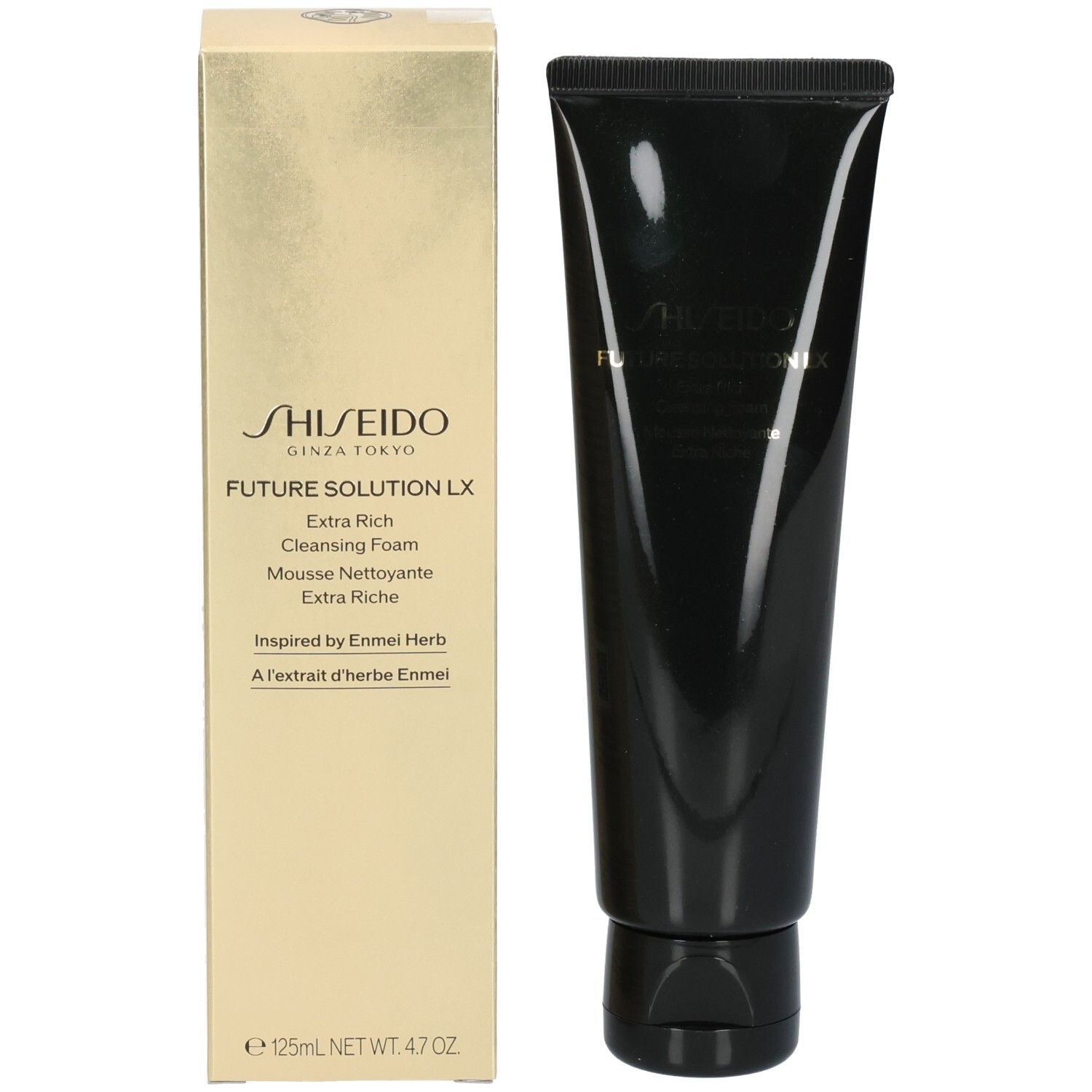 Tube Shiseido Future Solution LX Extra Rich Cleansing Foam et son emballage doré.