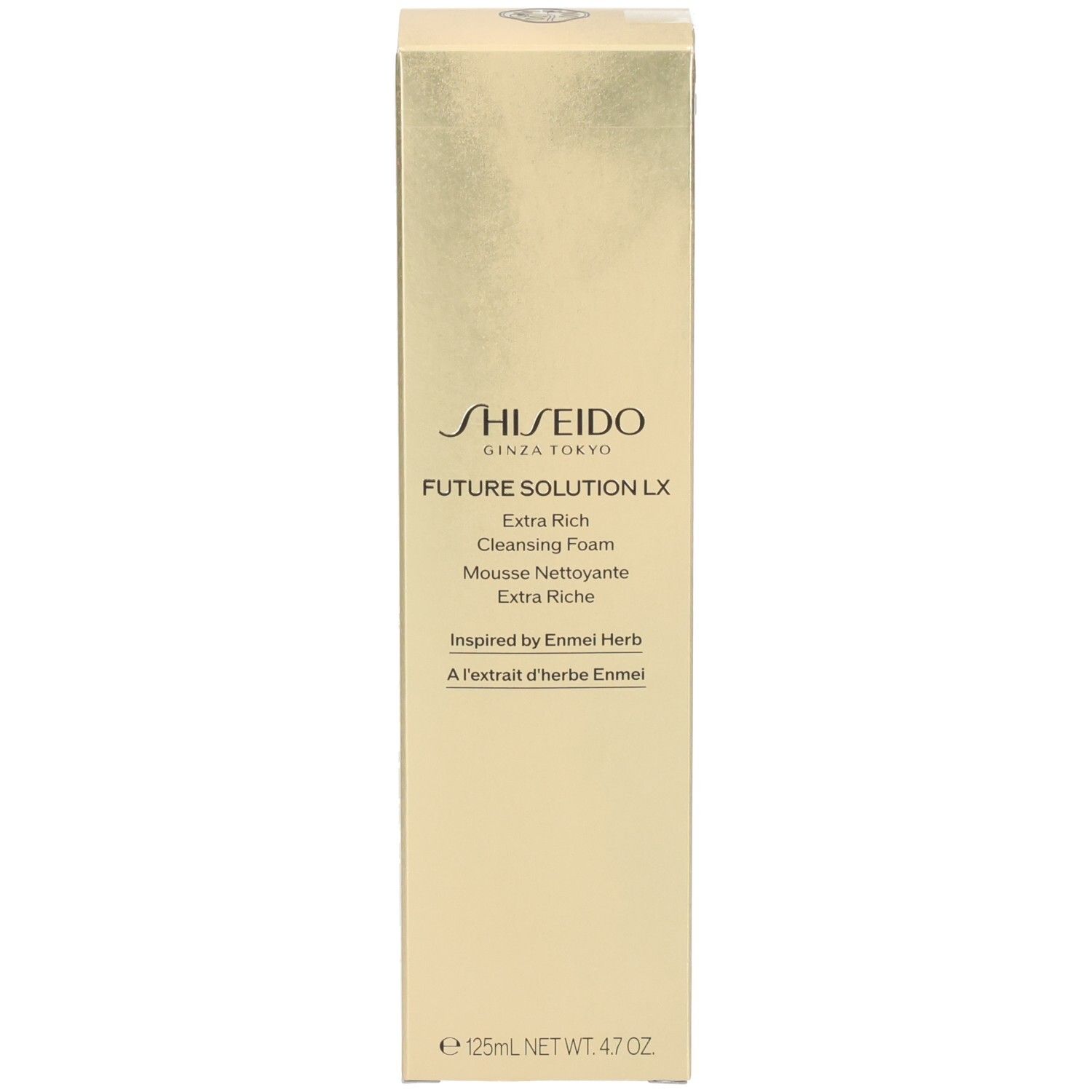 Emballage doré Shiseido Future Solution LX Extra Rich Cleansing Foam avec informations produit.