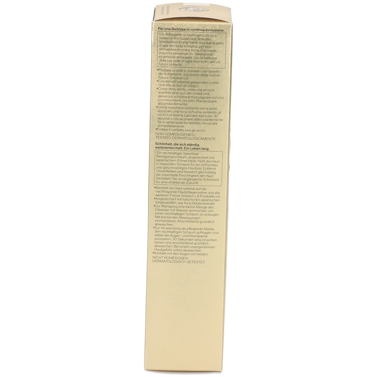 Côté de l'emballage doré Shiseido Future Solution LX avec informations produit détaillées.