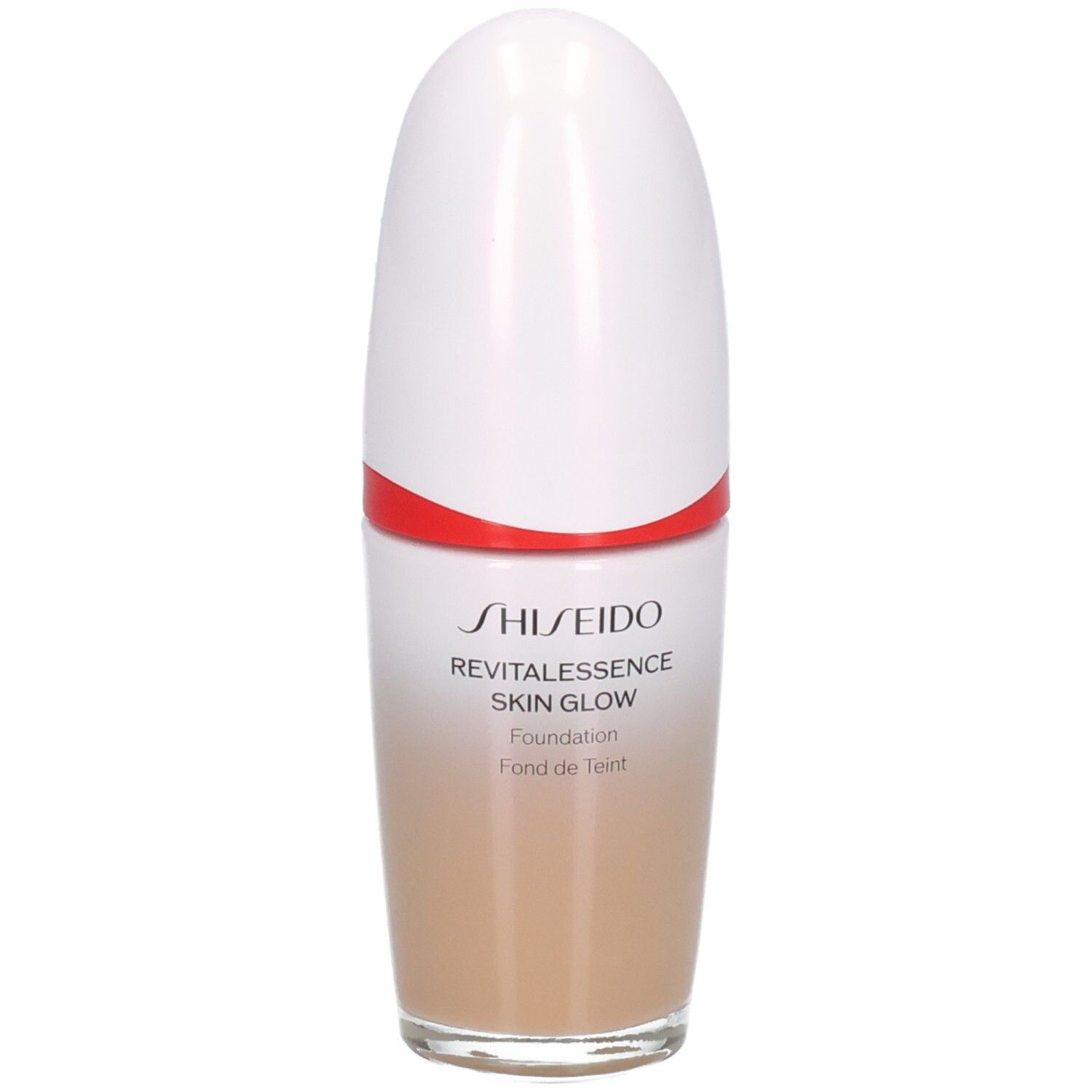 Shiseido Revitalessence Skin Glow Foundation en beige clair avec bouchon blanc et accent rouge.