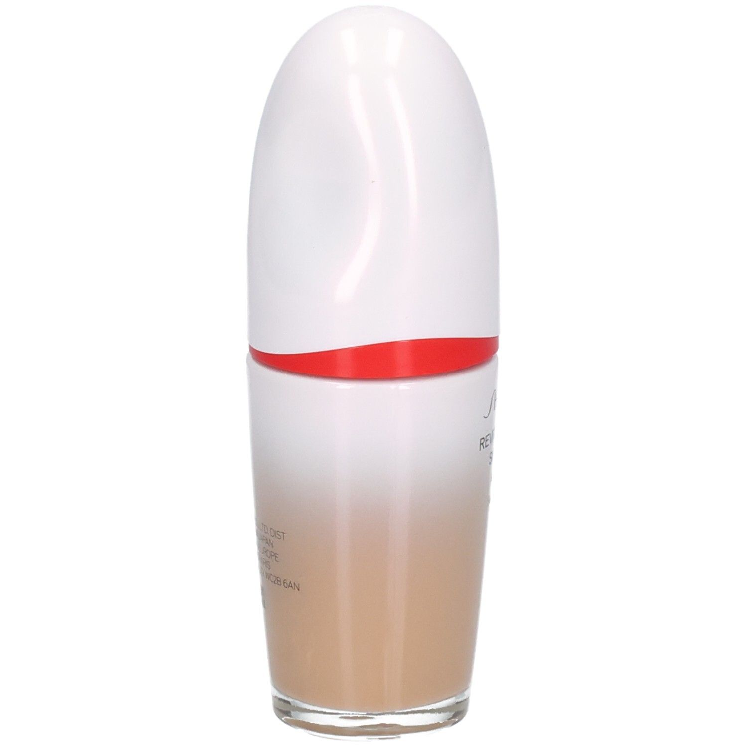 Shiseido Revitalessence Skin Glow Foundation, vue latérale. Beige clair dans flacon en verre avec bouchon blanc.