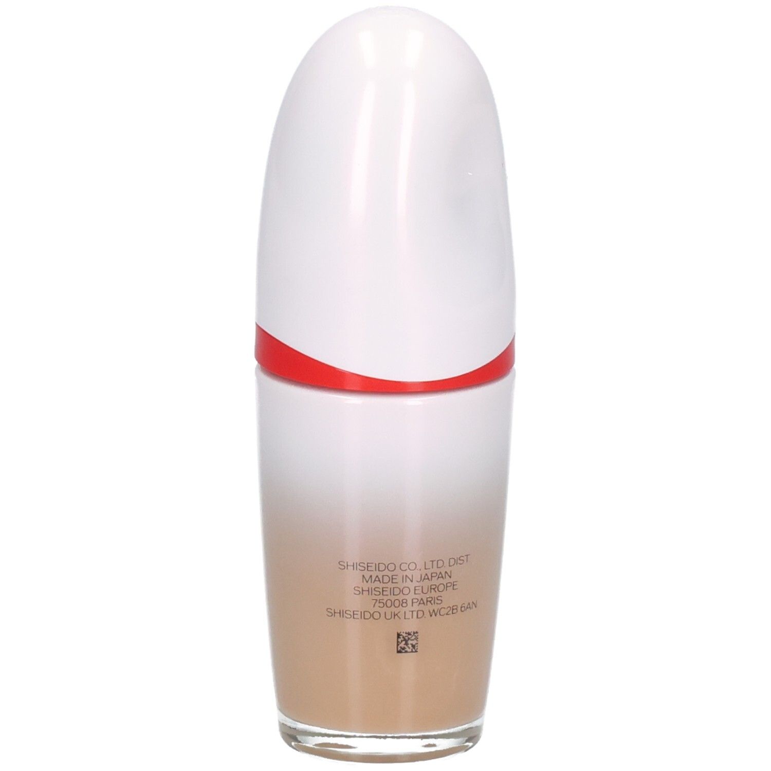 Arrière de la Shiseido Revitalessence Skin Glow Foundation. Contient des informations fabricant et Made in Japan.