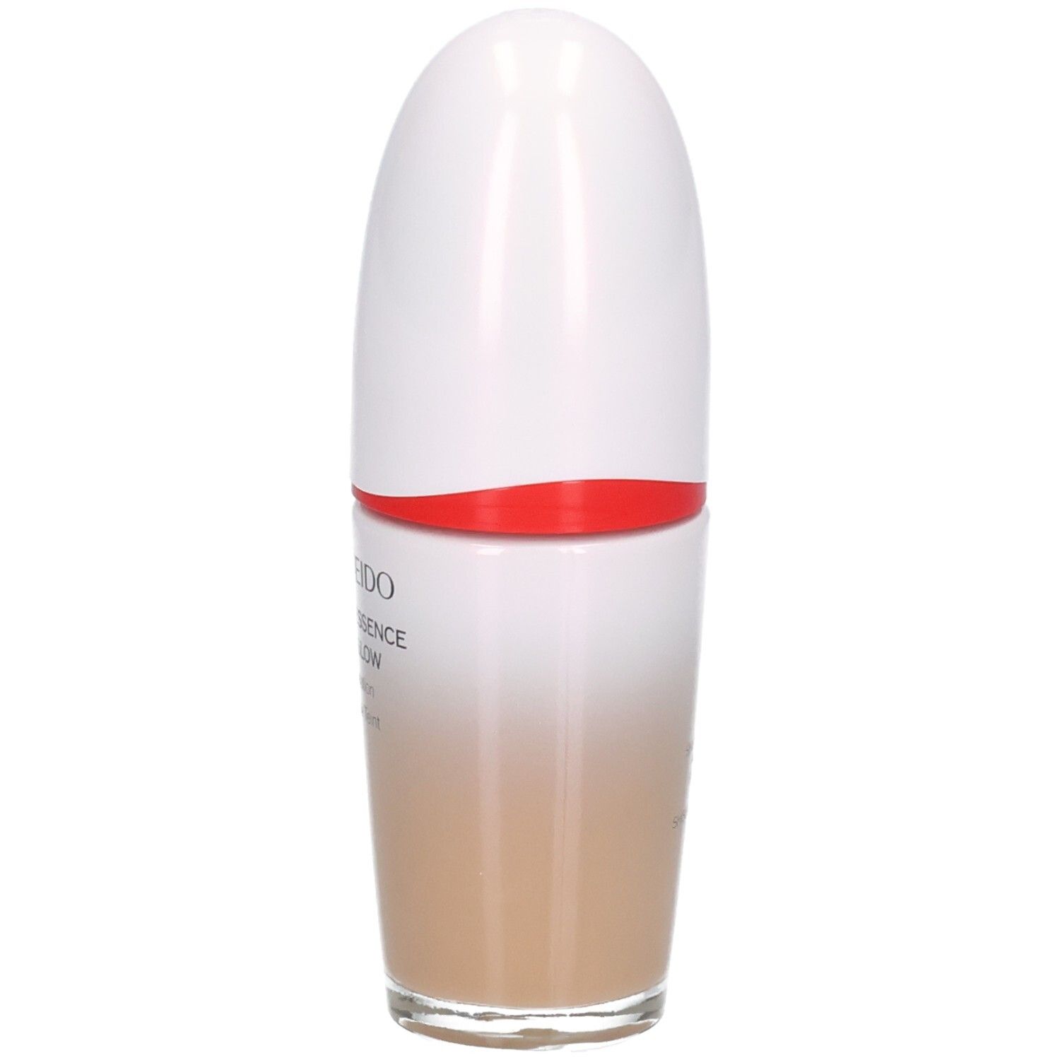 Shiseido Revitalessence Skin Glow Foundation, vue latérale. Beige clair dans flacon en verre avec bouchon blanc.