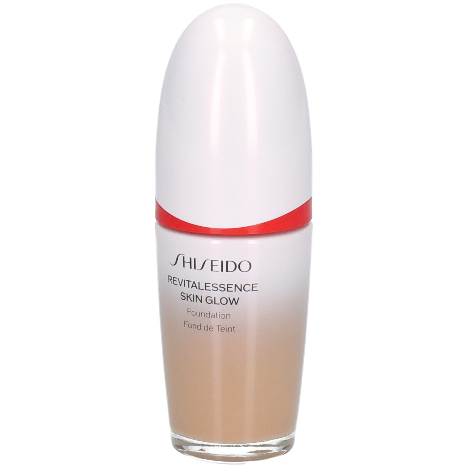 Shiseido Revitalessence Skin Glow Foundation en beige clair avec bouchon blanc et accent rouge.