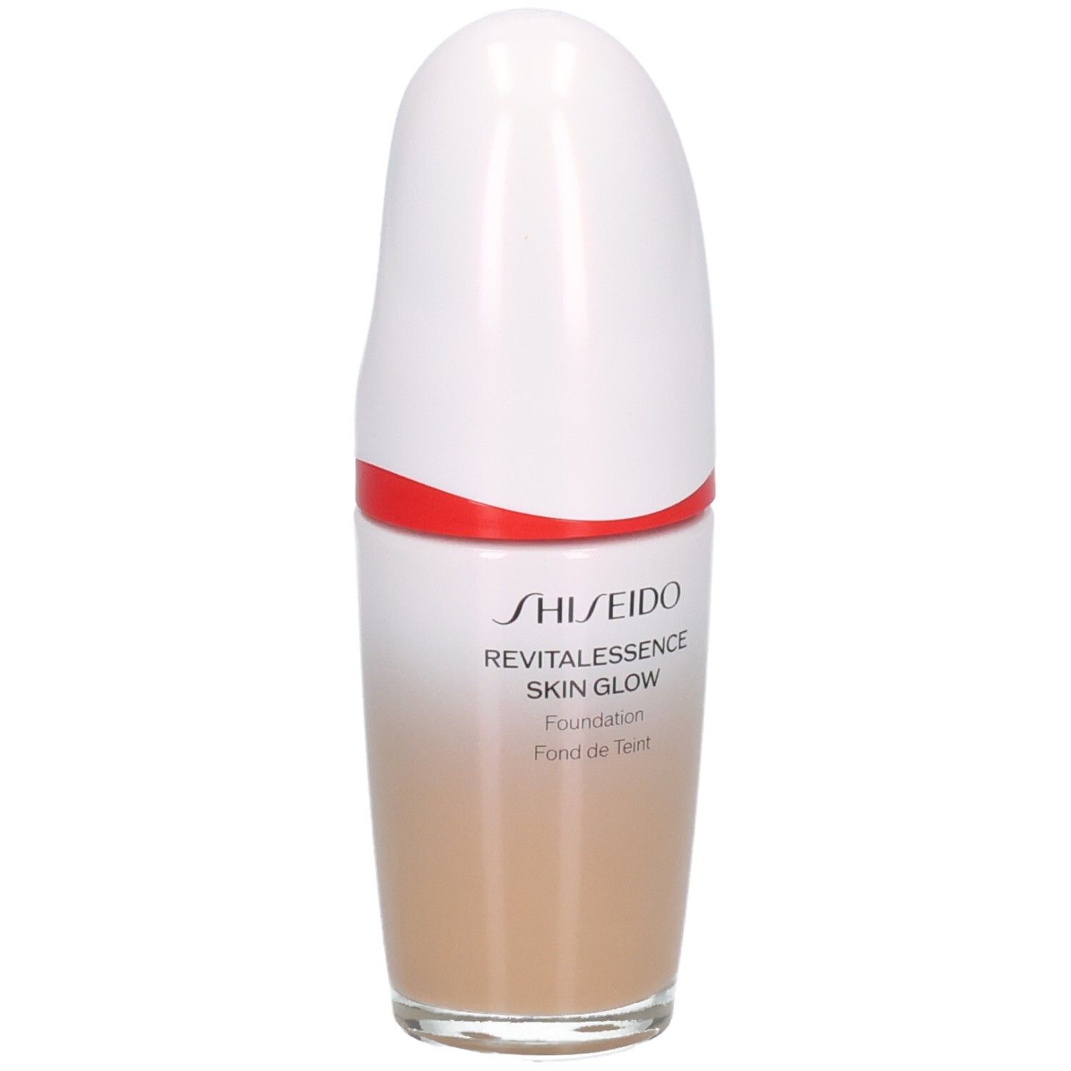 Shiseido Revitalessence Skin Glow Foundation en beige clair avec bouchon blanc et accent rouge.
